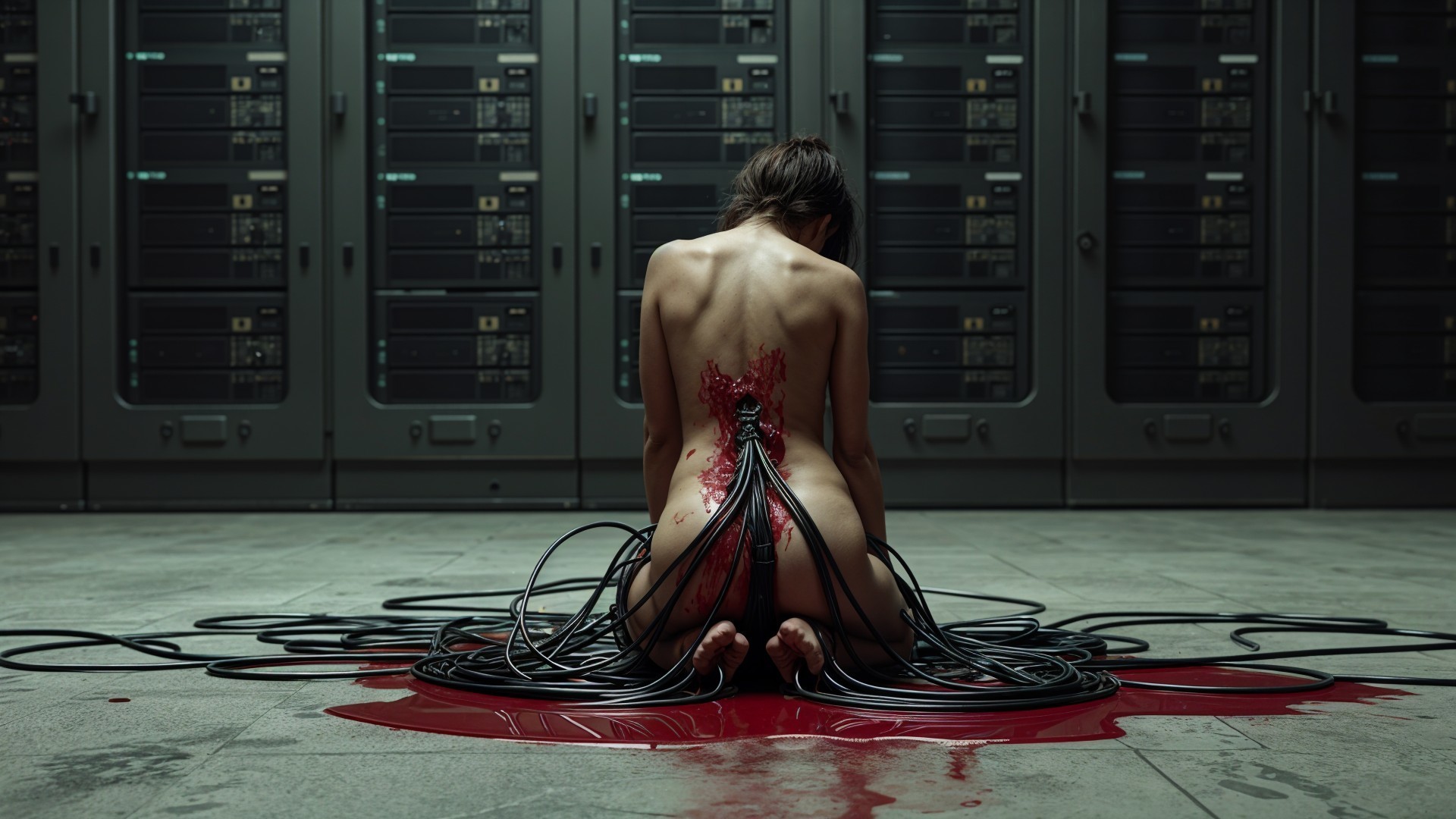 Figure in Industrial Space with Wires and Blood Contrast