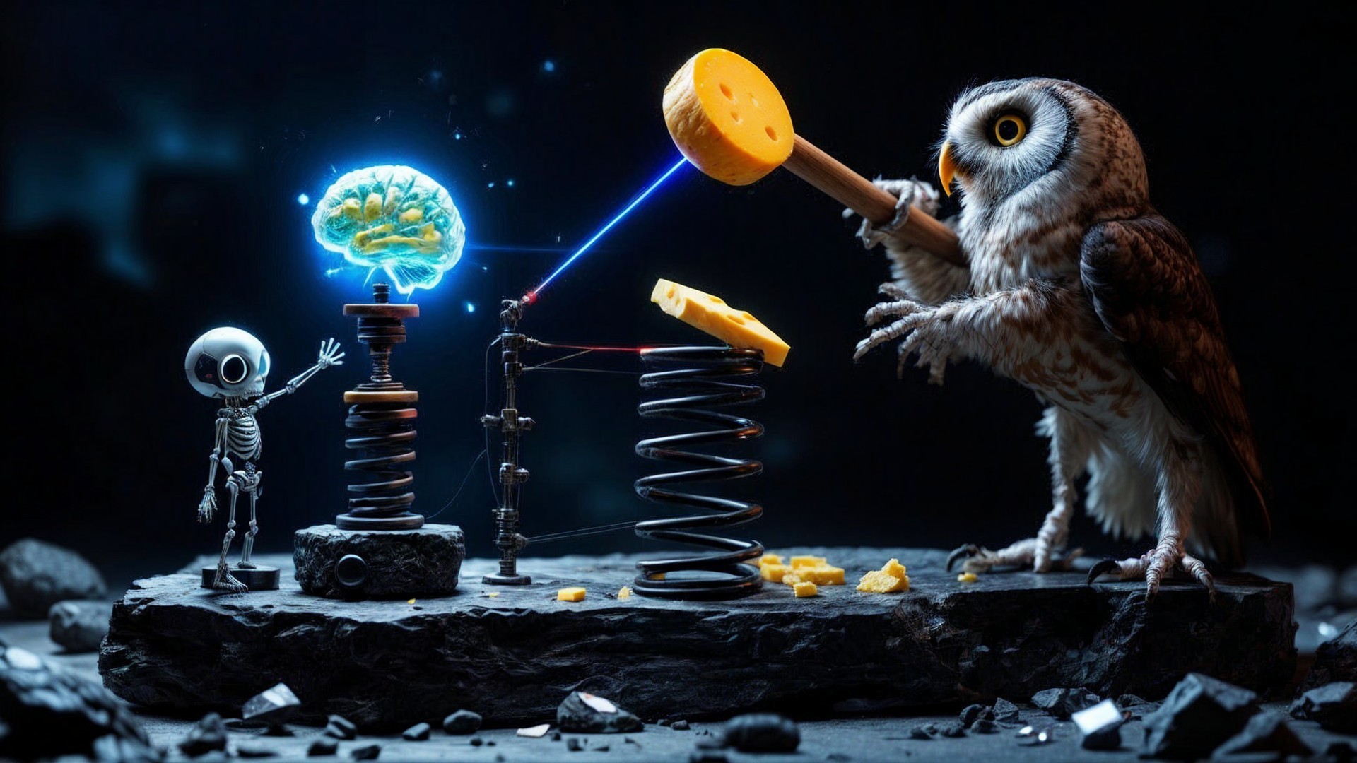 Owl and Skeleton in Surreal Science Humor Scene