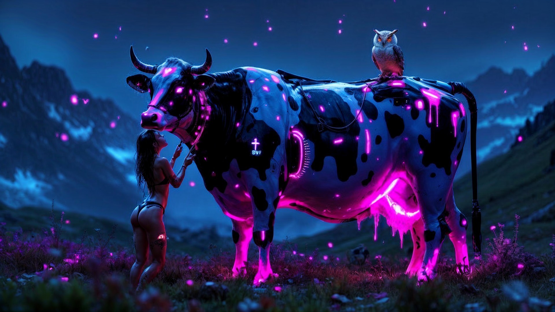 Surreal Landscape with Futuristic Cow and Owl