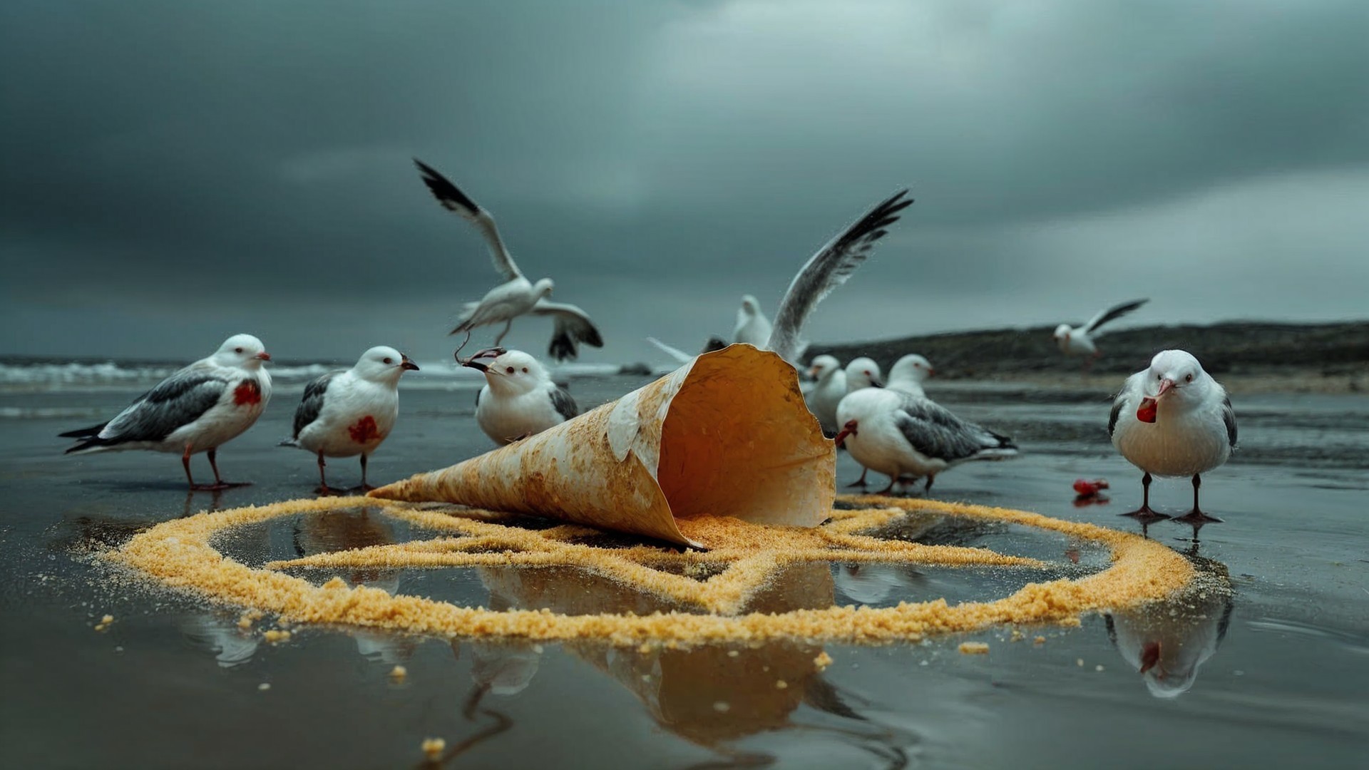 Seagulls on a Dark Sandy Beach with Overcast Sky