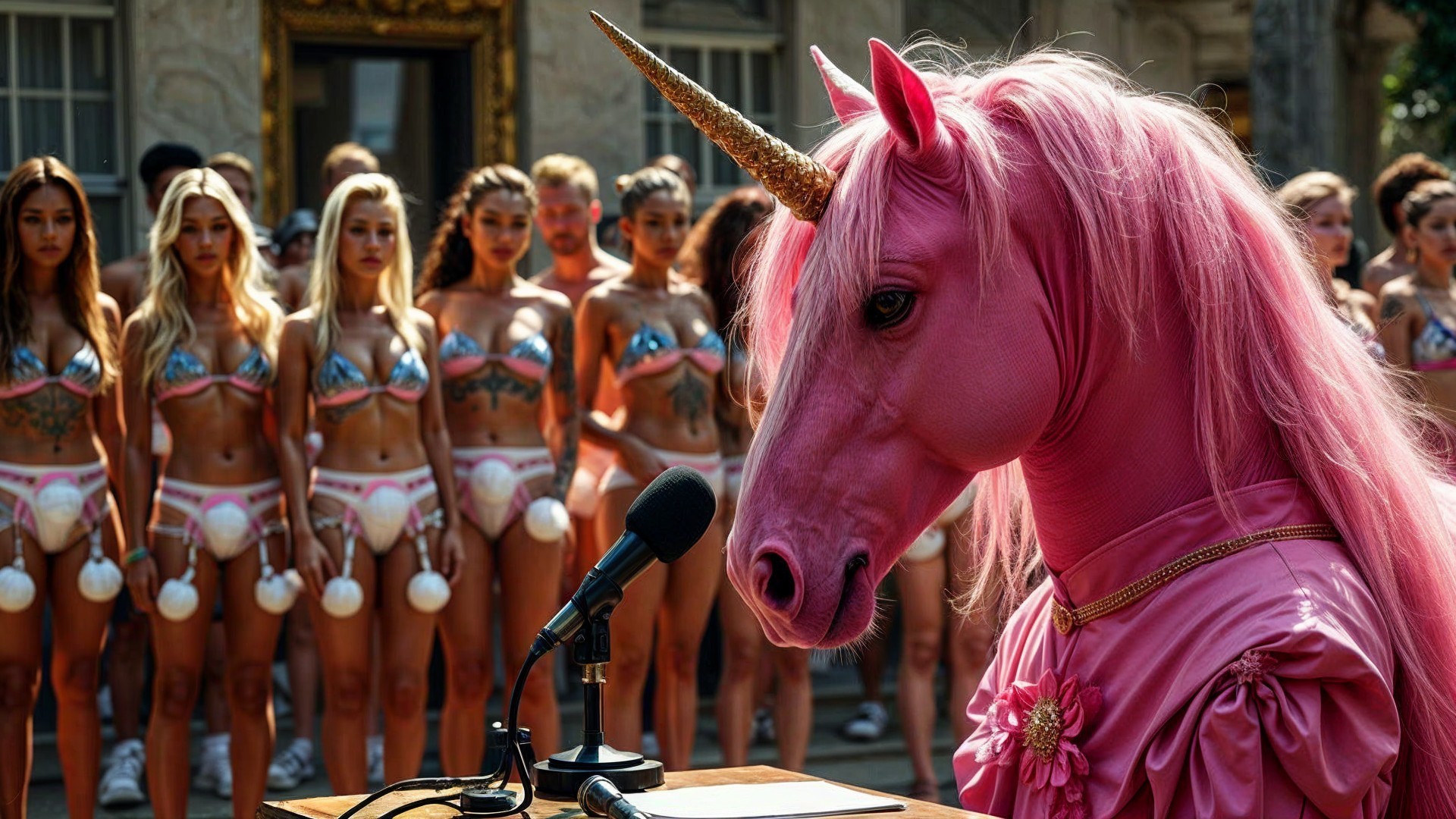 Whimsical Unicorn at Podium with Colorful Models