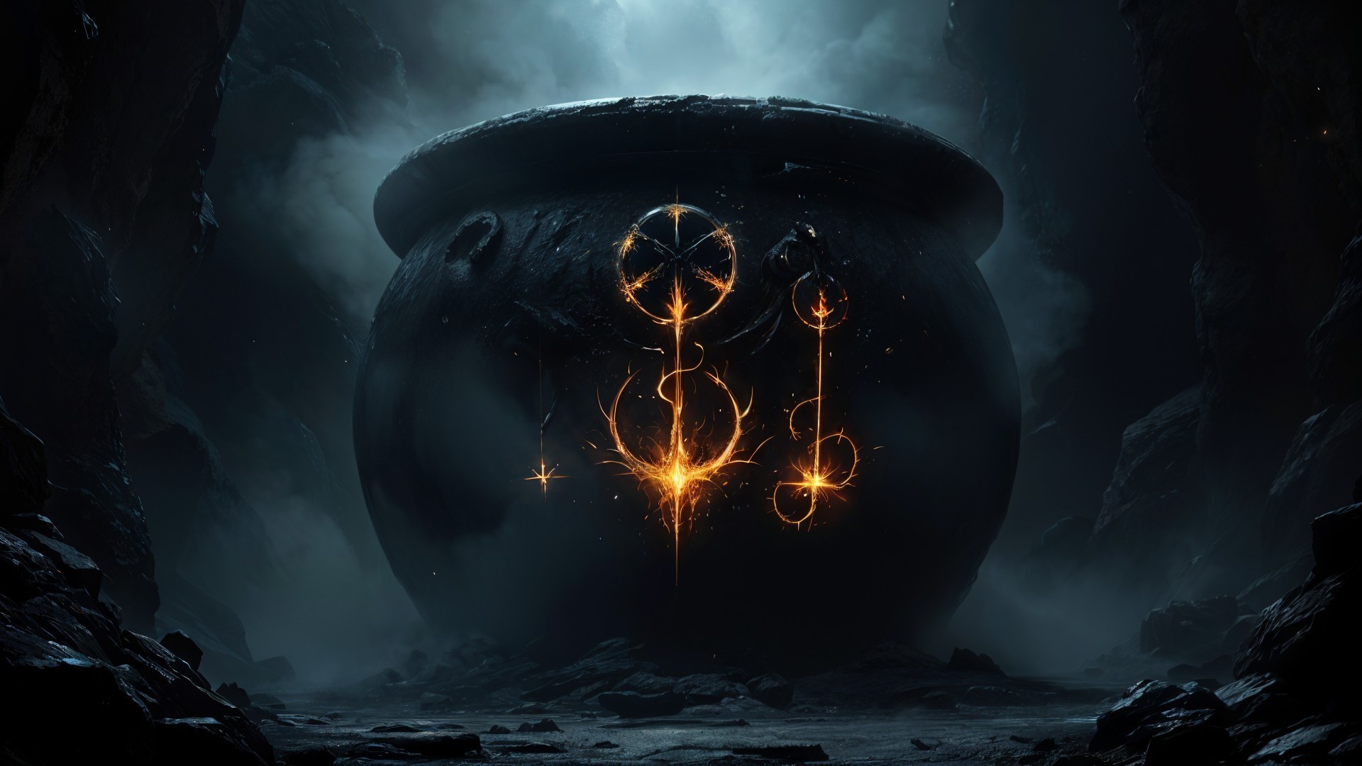 Mystical Black Cauldron in Shadowy Cavern Setting