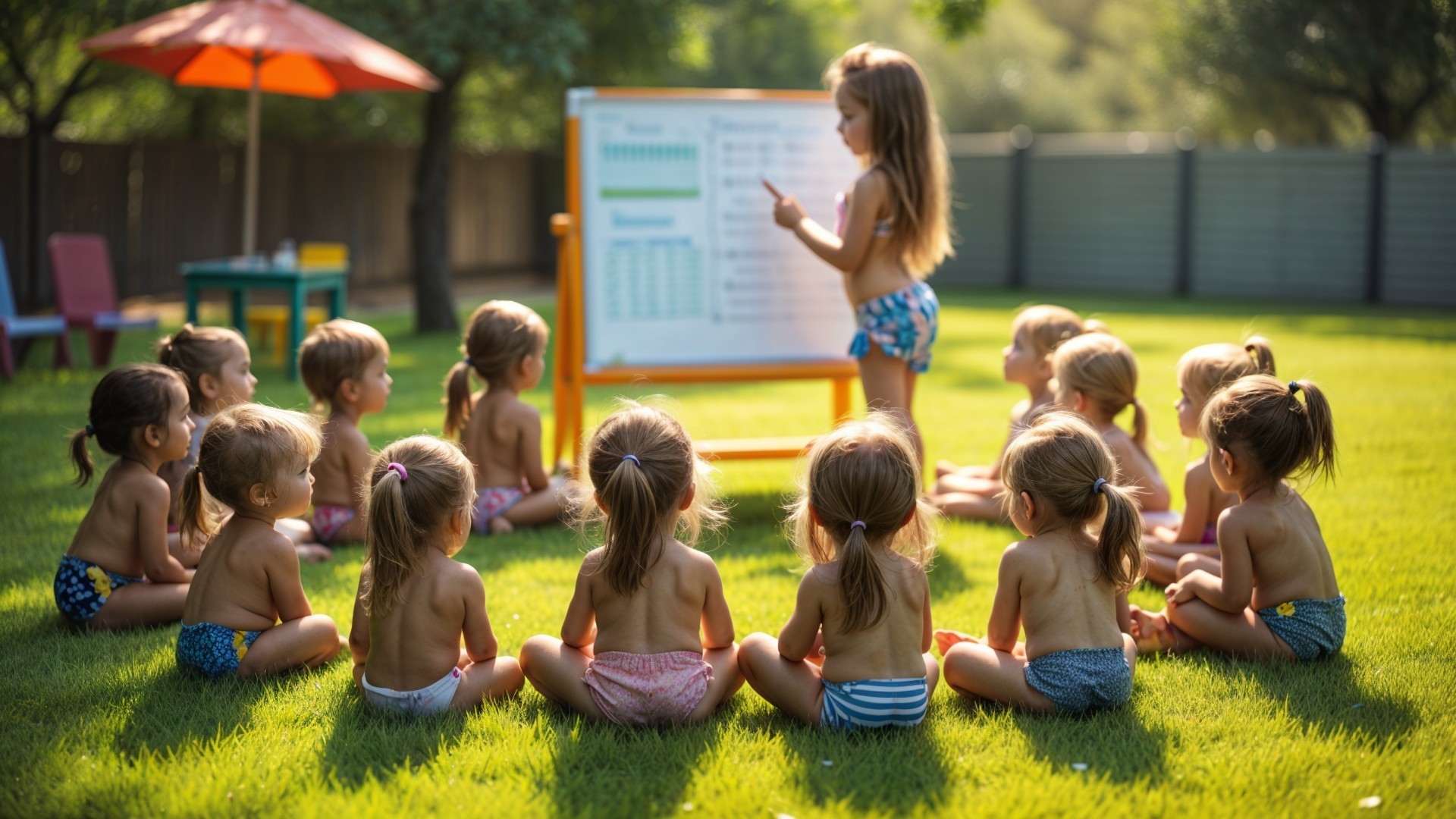 Outdoor Classroom with Children in Colorful Swim Shorts
