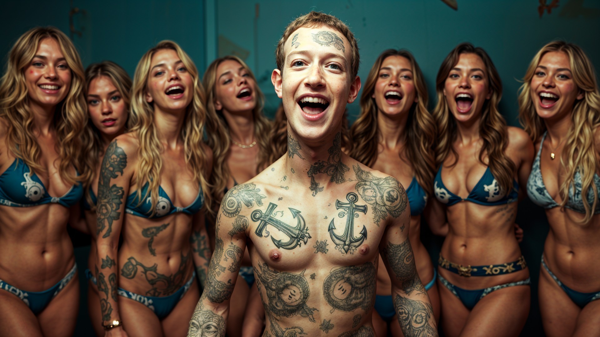 Young Women in Blue Bikinis with Tattooed Man