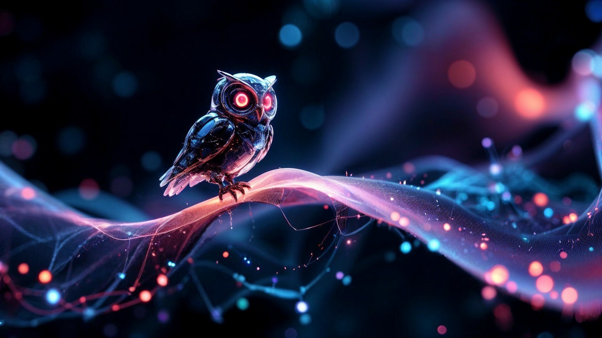 Futuristic Metallic Owl on Vibrant Light Wave
