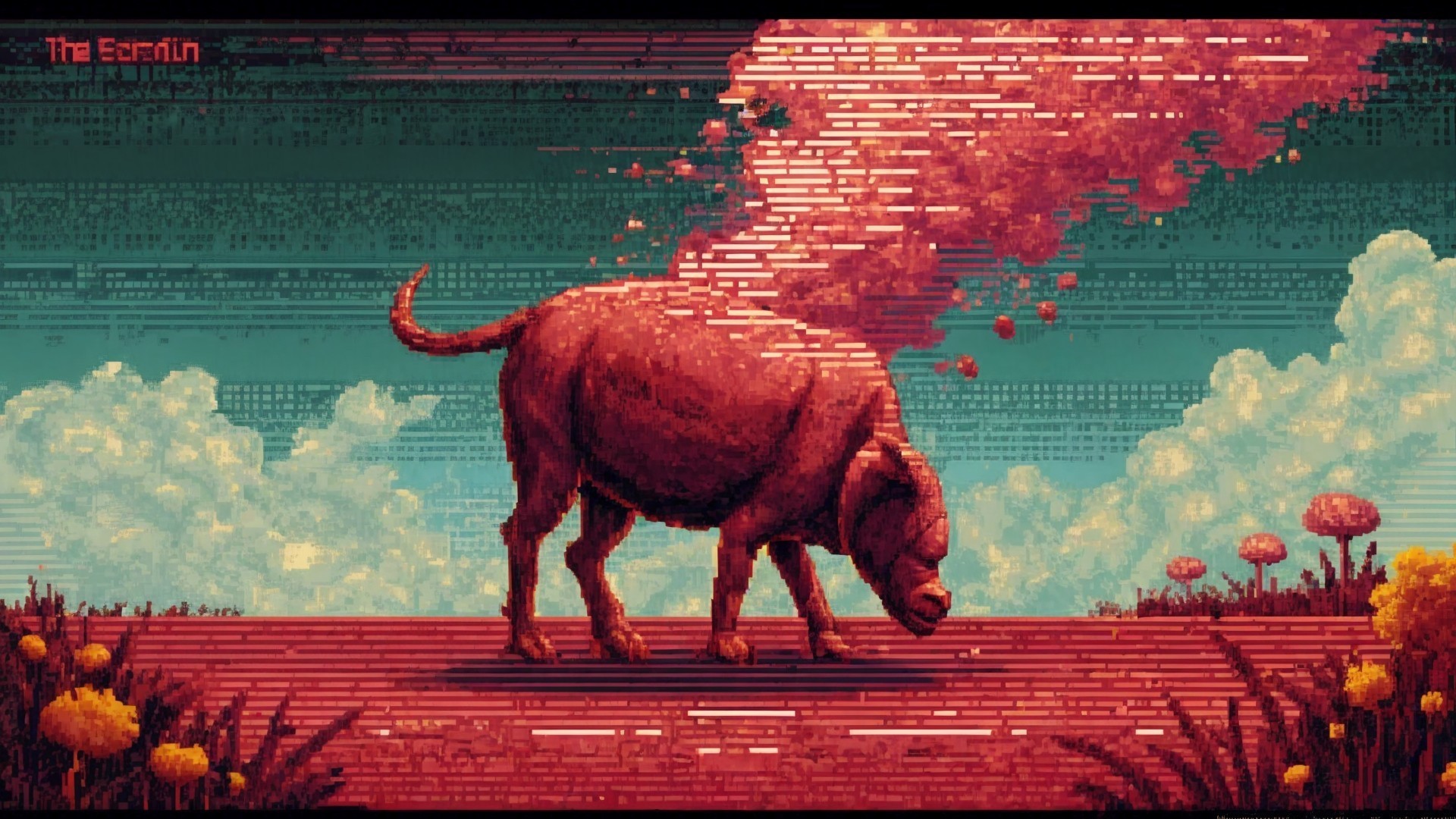 Pixel Art Bull Grazing in a Surreal Landscape