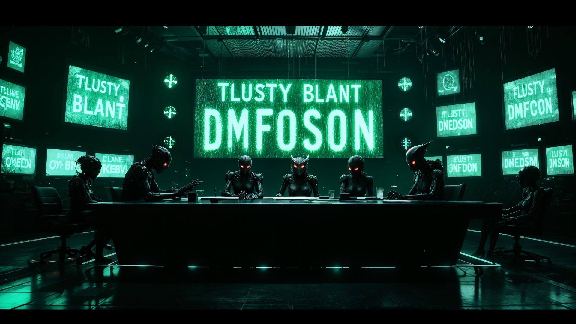 Futuristic Room with Figures and Neon Green Screens