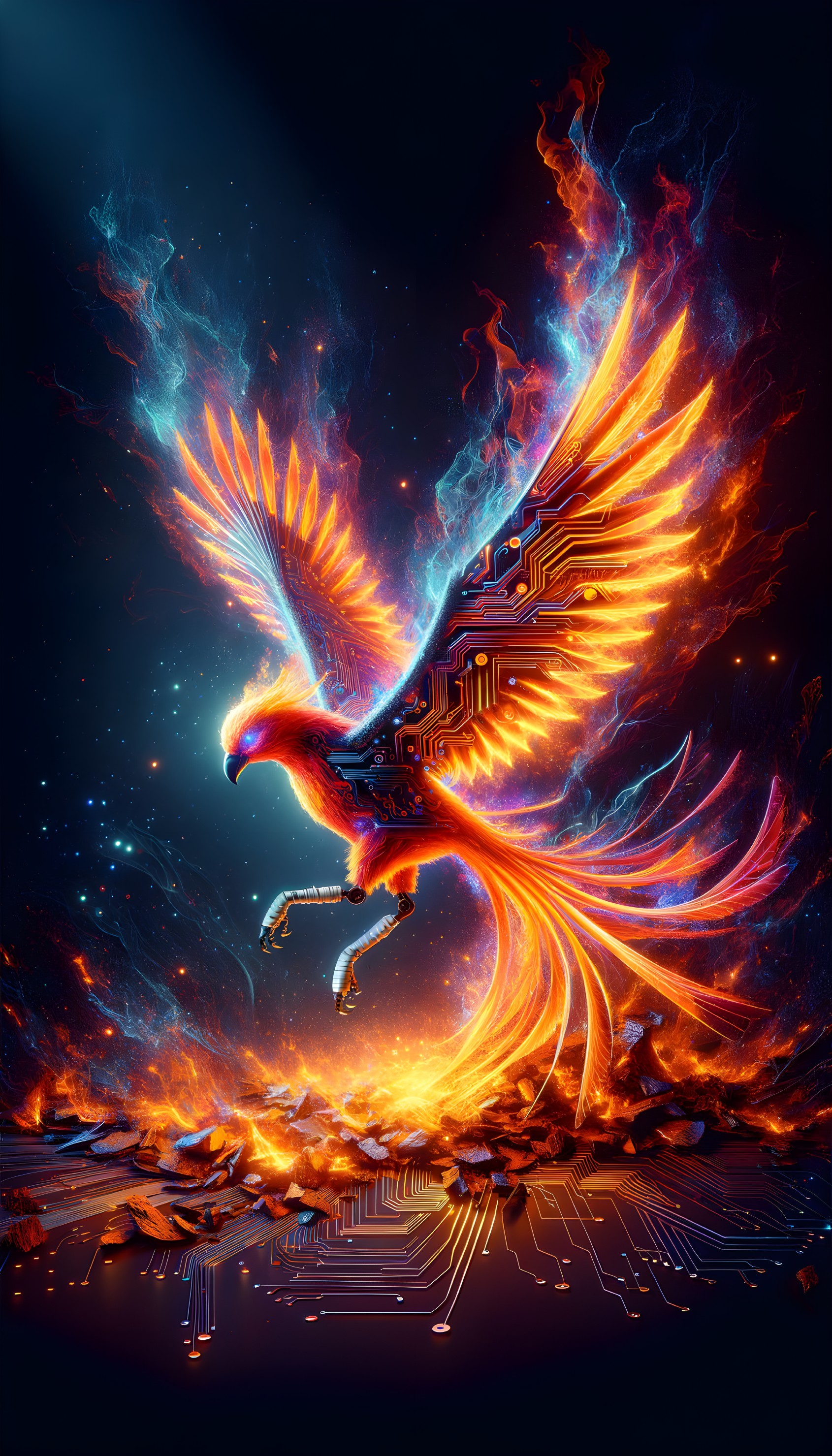 Futuristic Phoenix with Glowing Feathers and Circuits