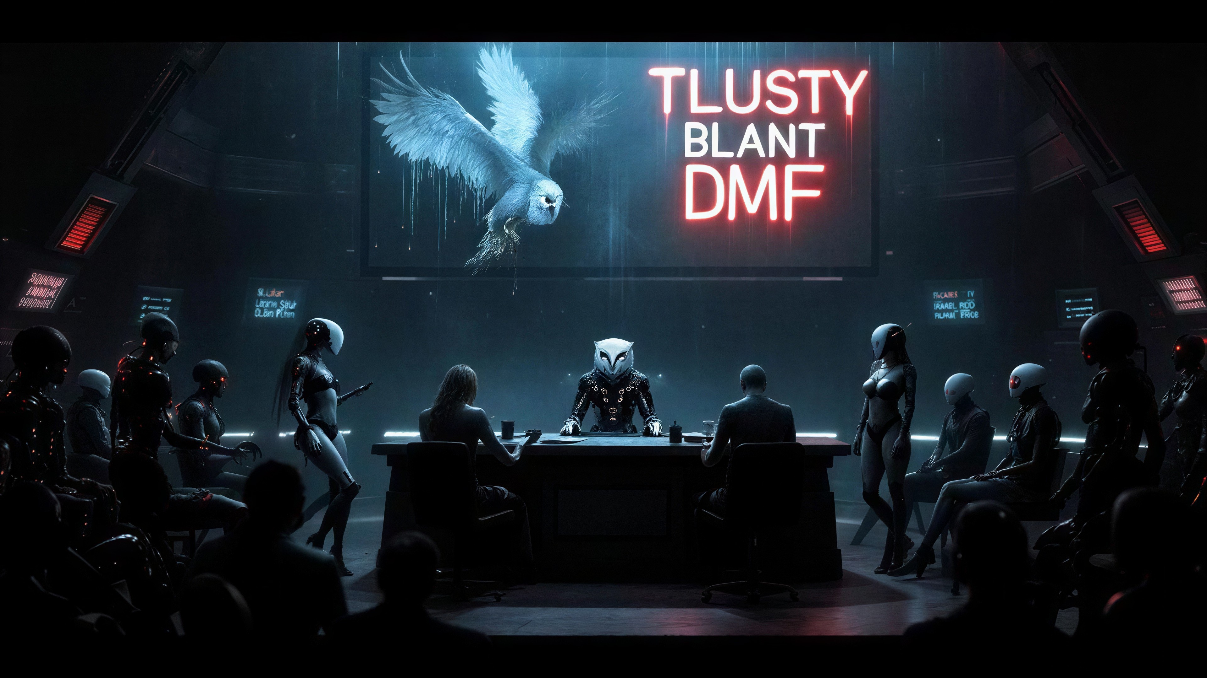 Futuristic Owl Humanoid in Dystopian Conference Room