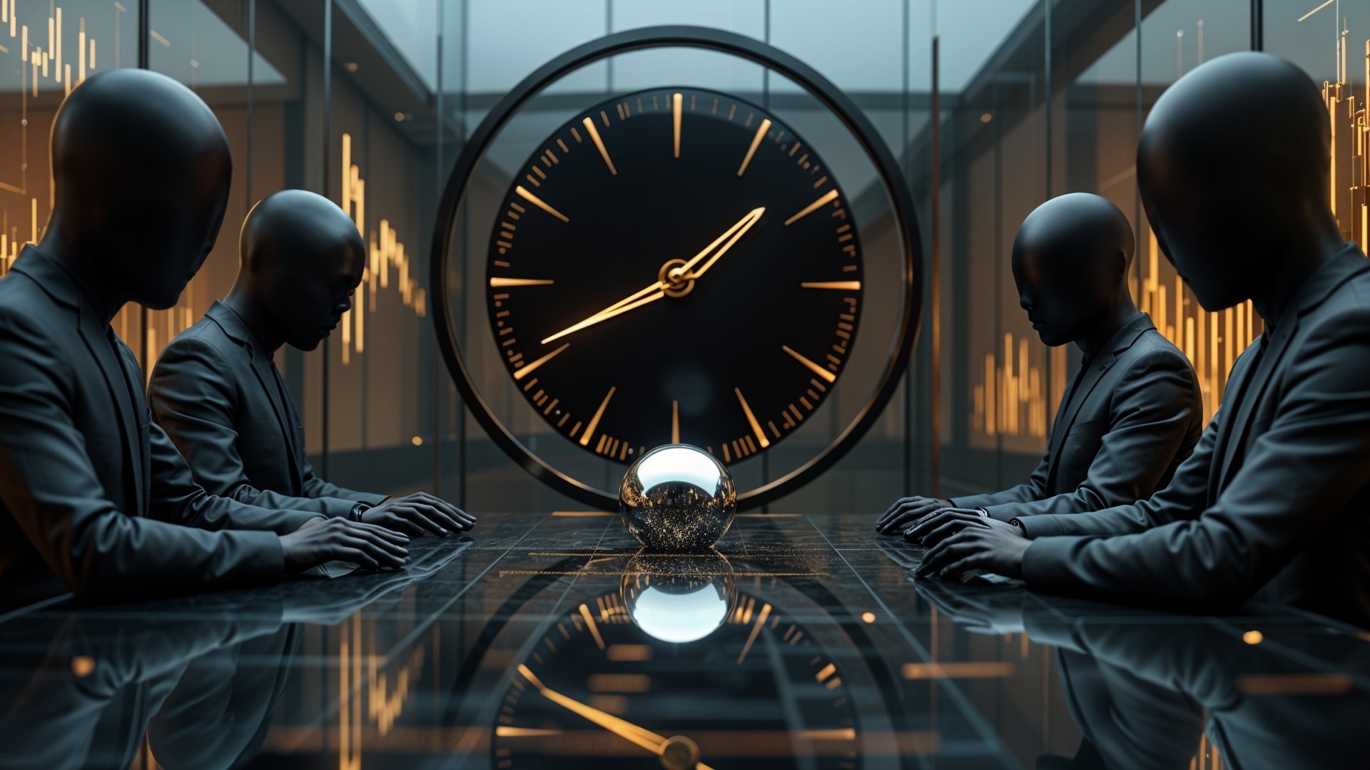 Modern Conference Room with Figures and Crystal Orb
