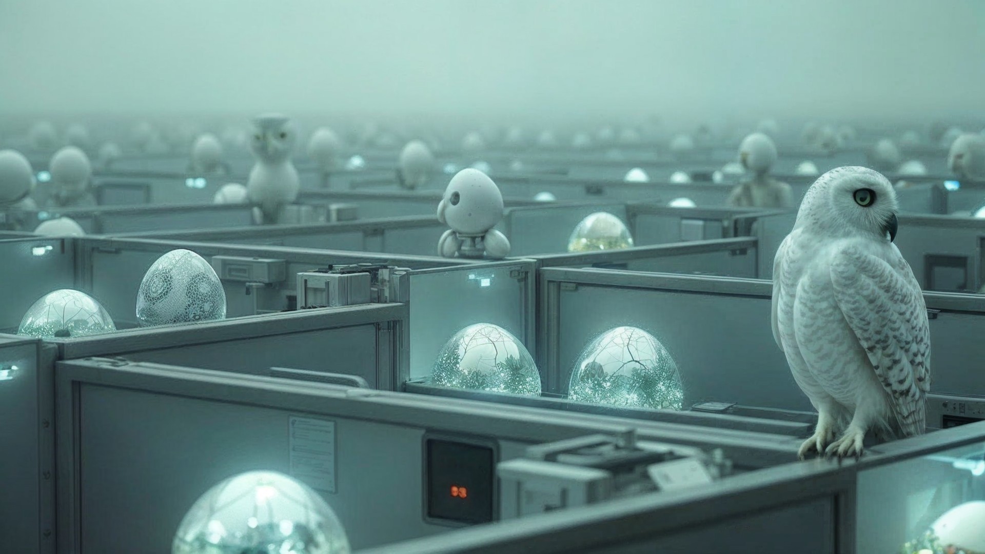Futuristic Scene with High-Tech Boxes and Owl