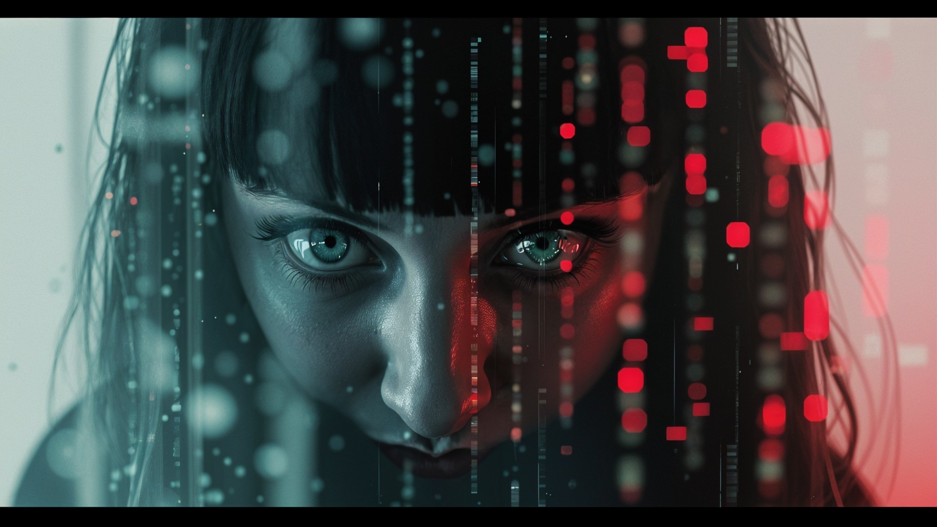 Close-up of a woman's face with intense eyes and patterns