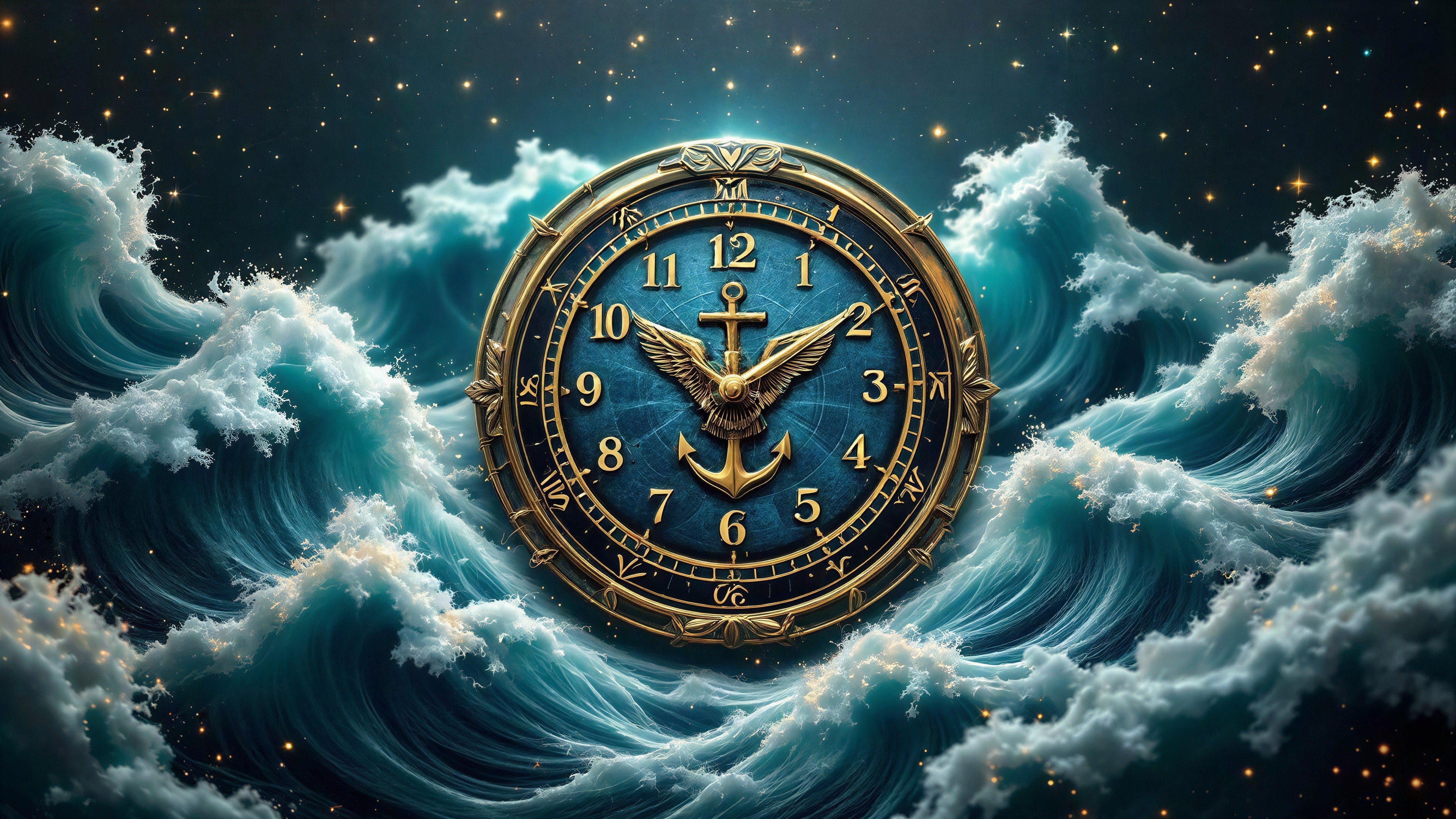 Close-up of a decorative clock with nautical themes