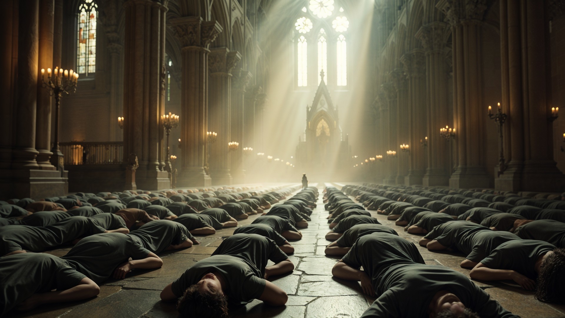 Cathedral Scene with Individuals in Grey Garments