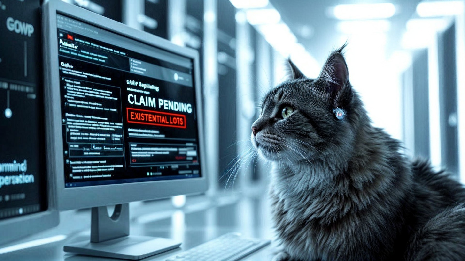Fluffy Cat Observing Computer Screen with Red Text
