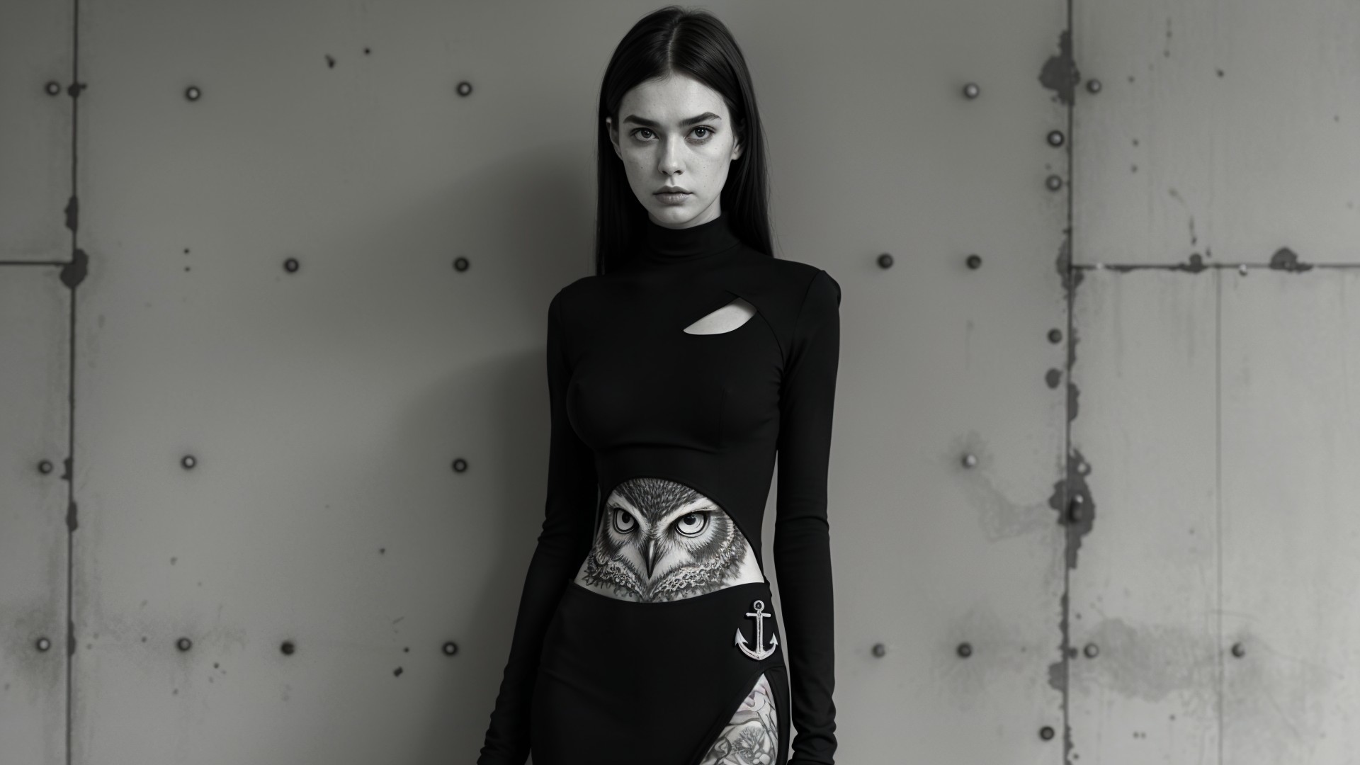 Black and White Fashion Image of Model in Artistic Dress