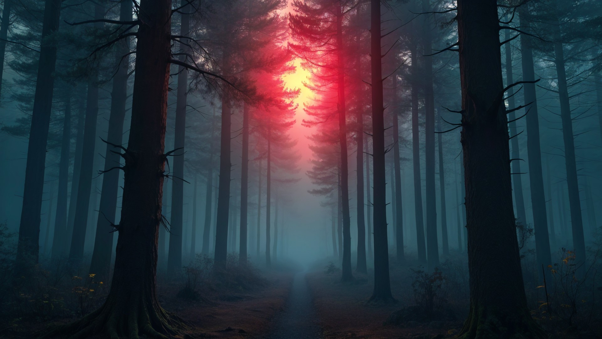Misty Forest Path with Ethereal Red Glow