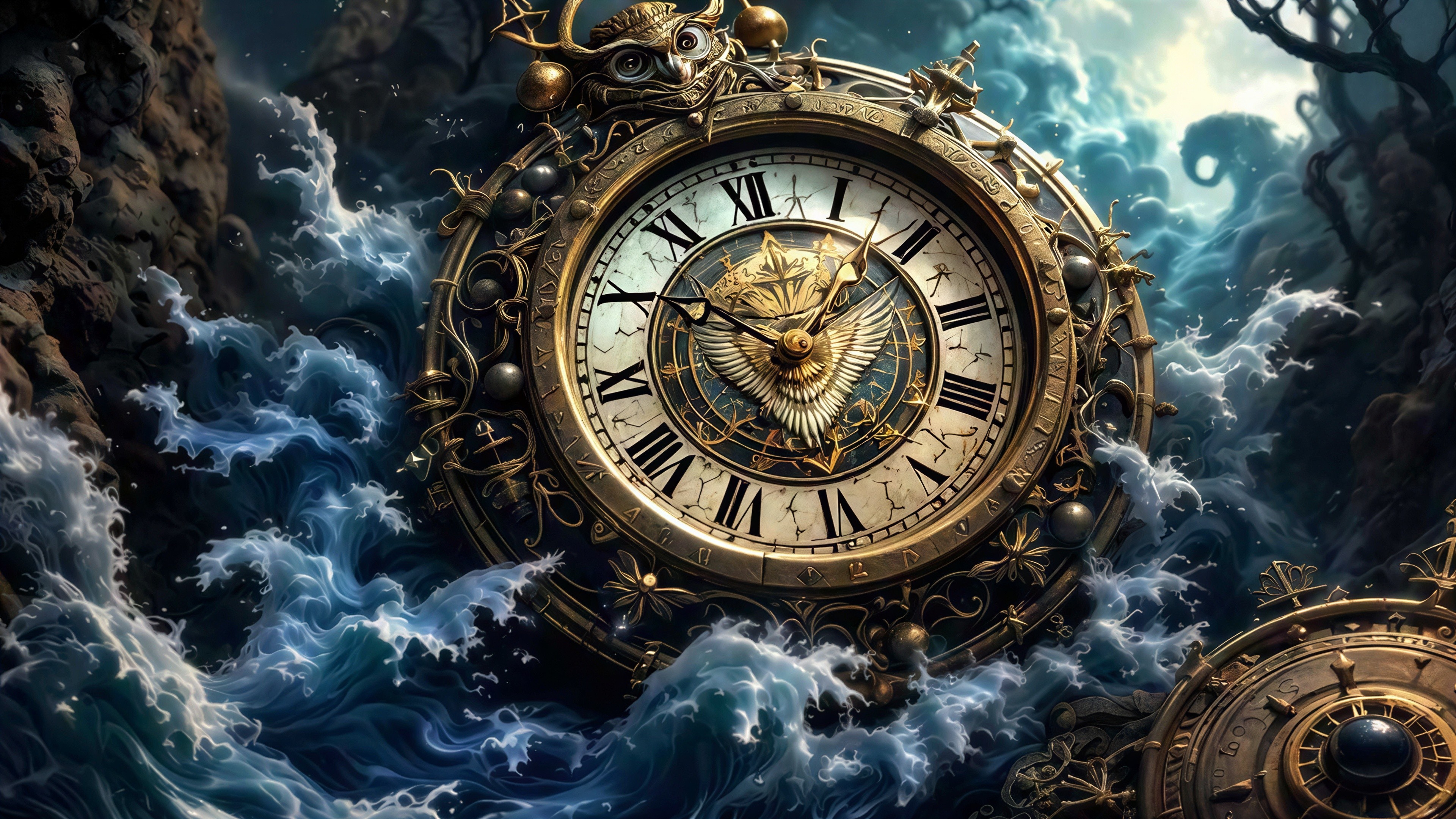 Ornate Clock Surrounded by Stormy Waves and Clouds