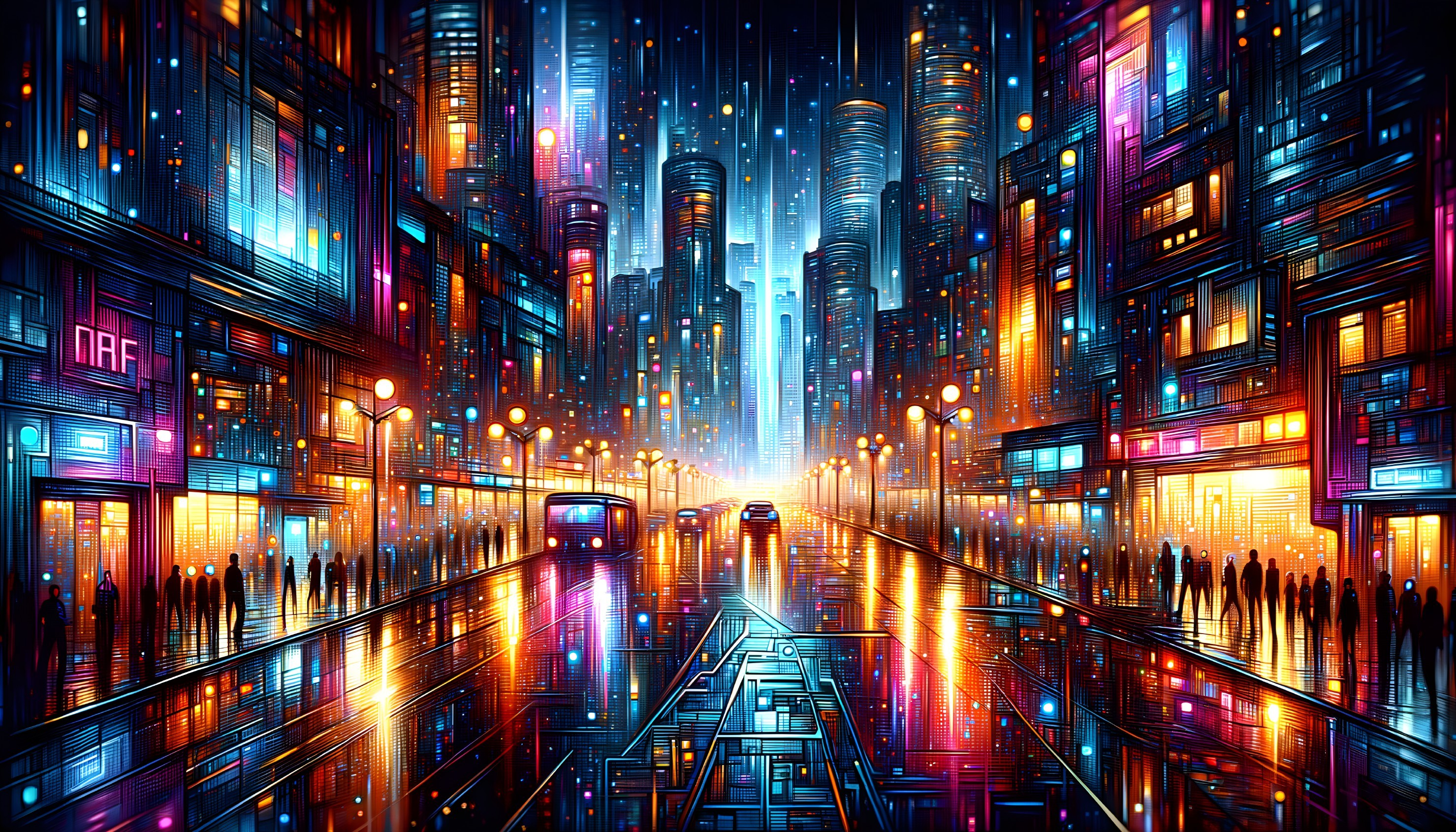 Futuristic City Night Scene with Neon Lights