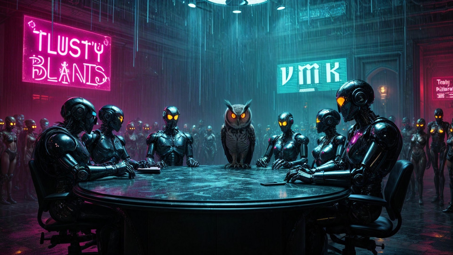 Humanoid Robots and Owl in Futuristic Room Setting