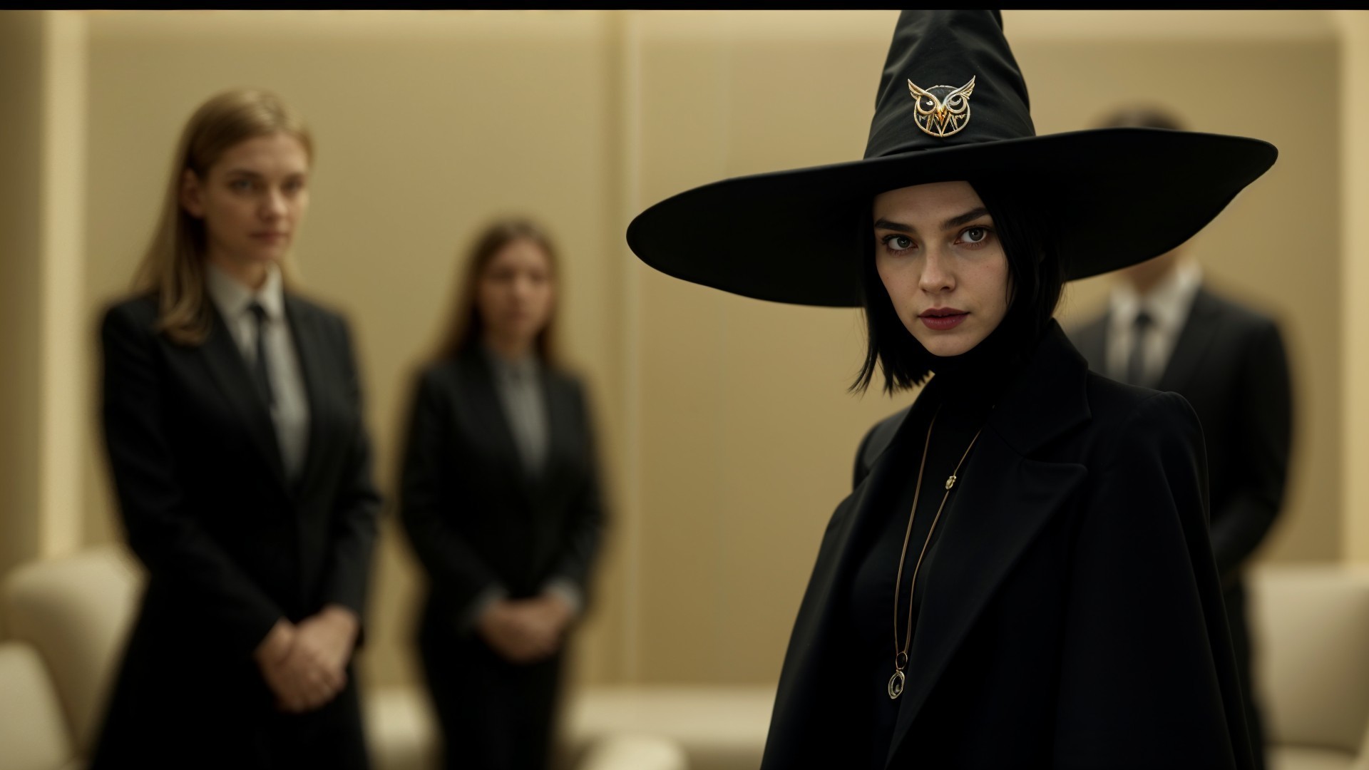 Elegant Woman in Black Hat Surrounded by Suited Figures