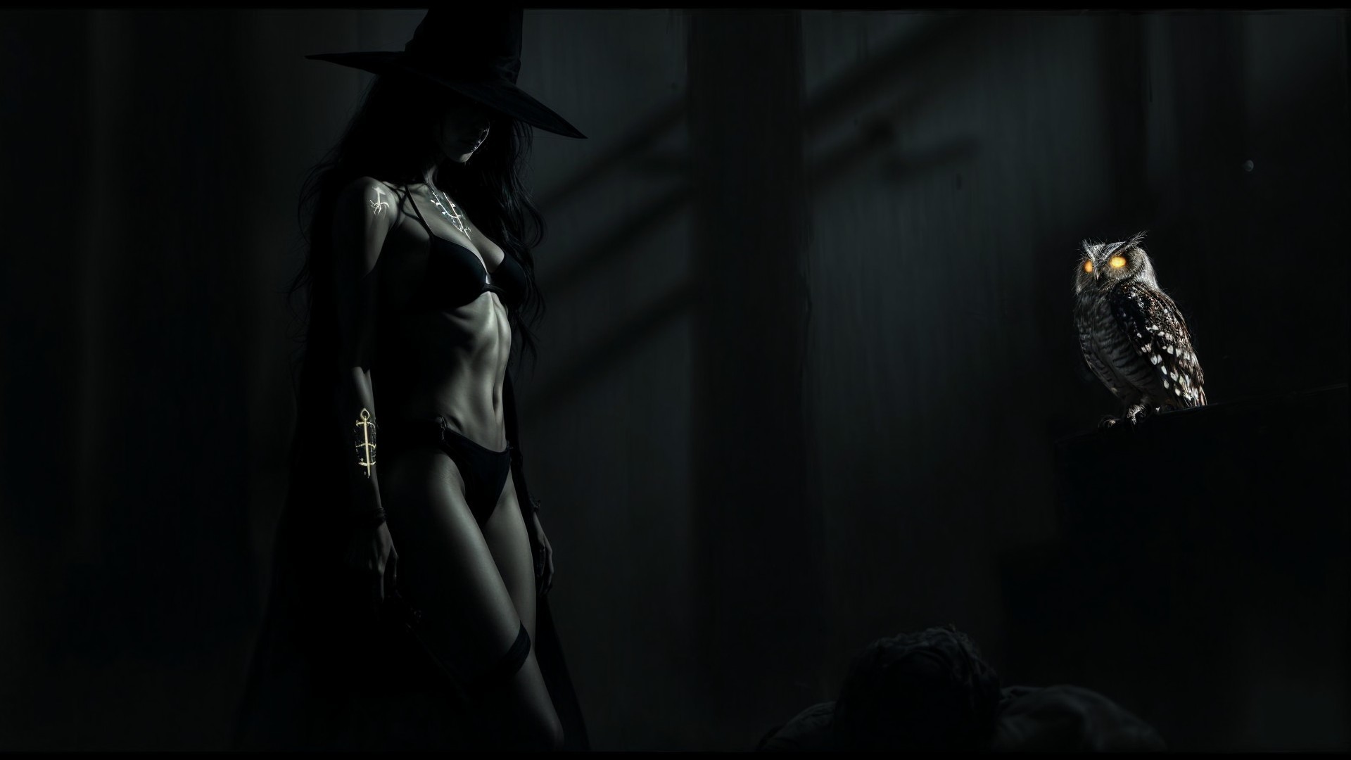 Mysterious Figure in Dimly Lit Forest with Owl