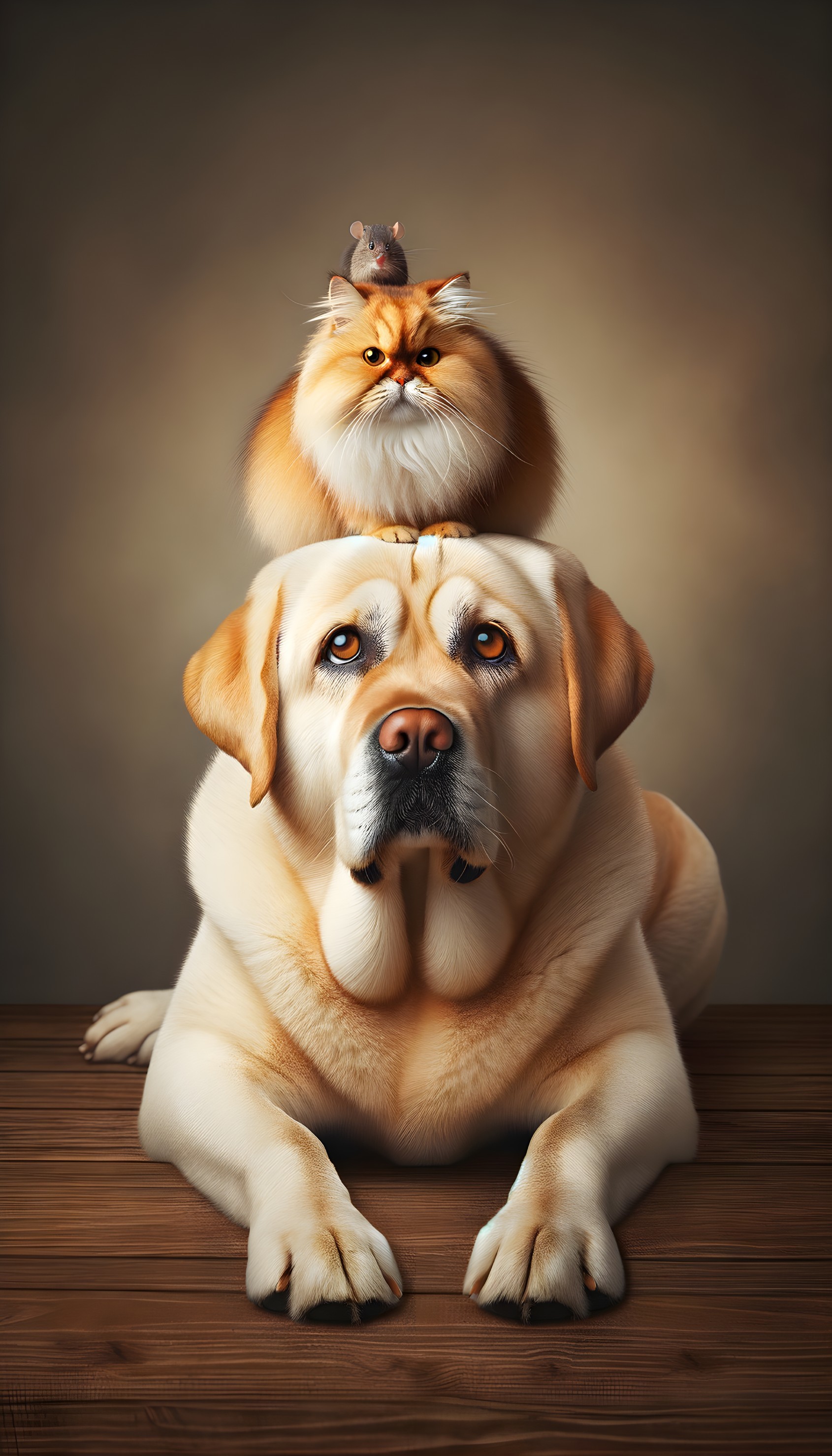 Labrador, Pomeranian, and mouse create playful scene