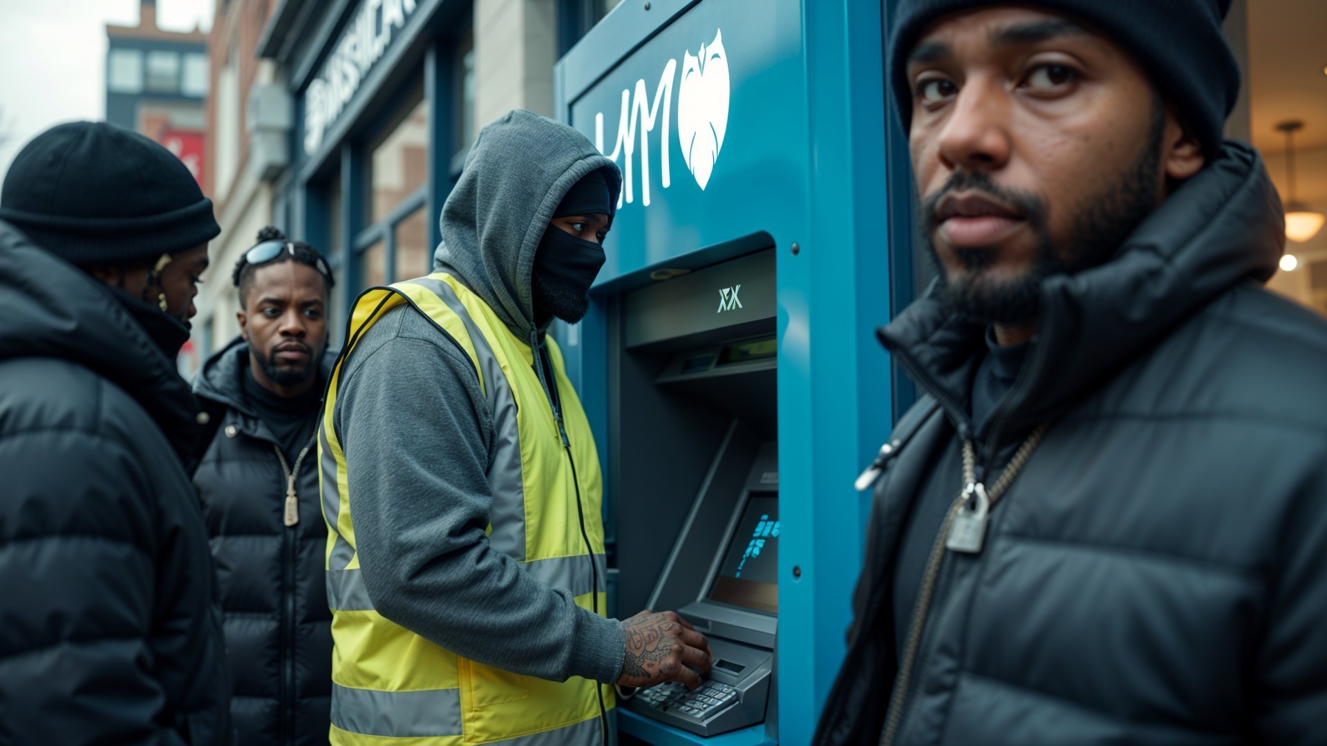 Group at ATM in Urban Setting with Cityscape Background