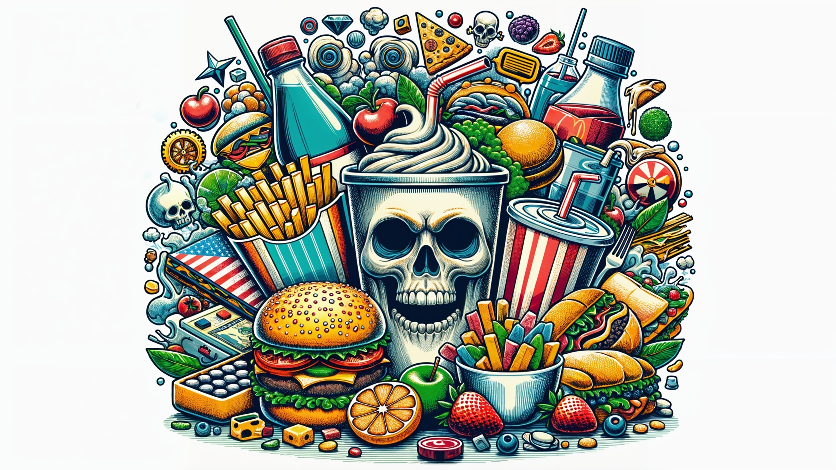 Vibrant Collage of Food Items with Central Skull Design