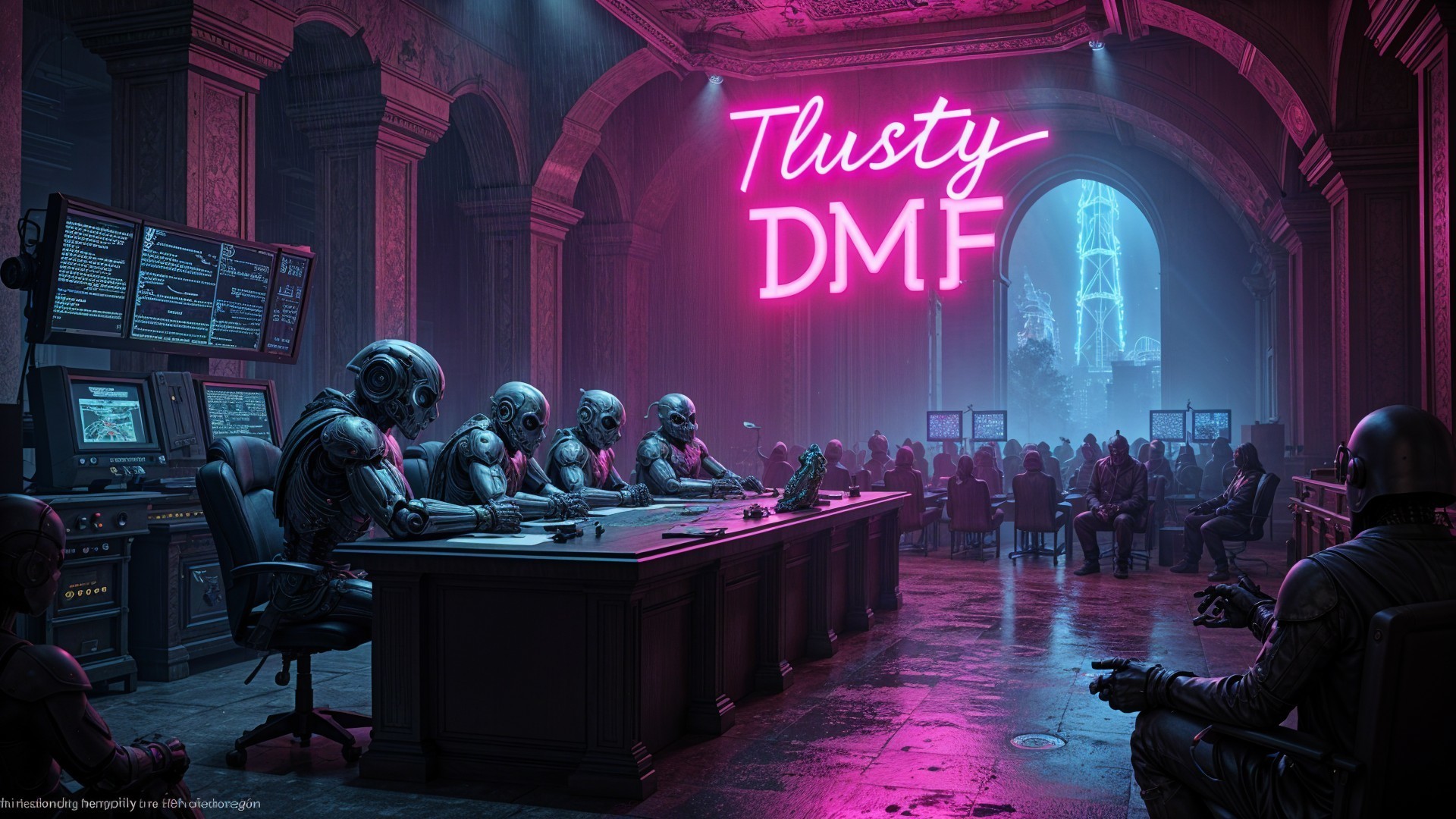 Futuristic Room with Robots and Neon Lights