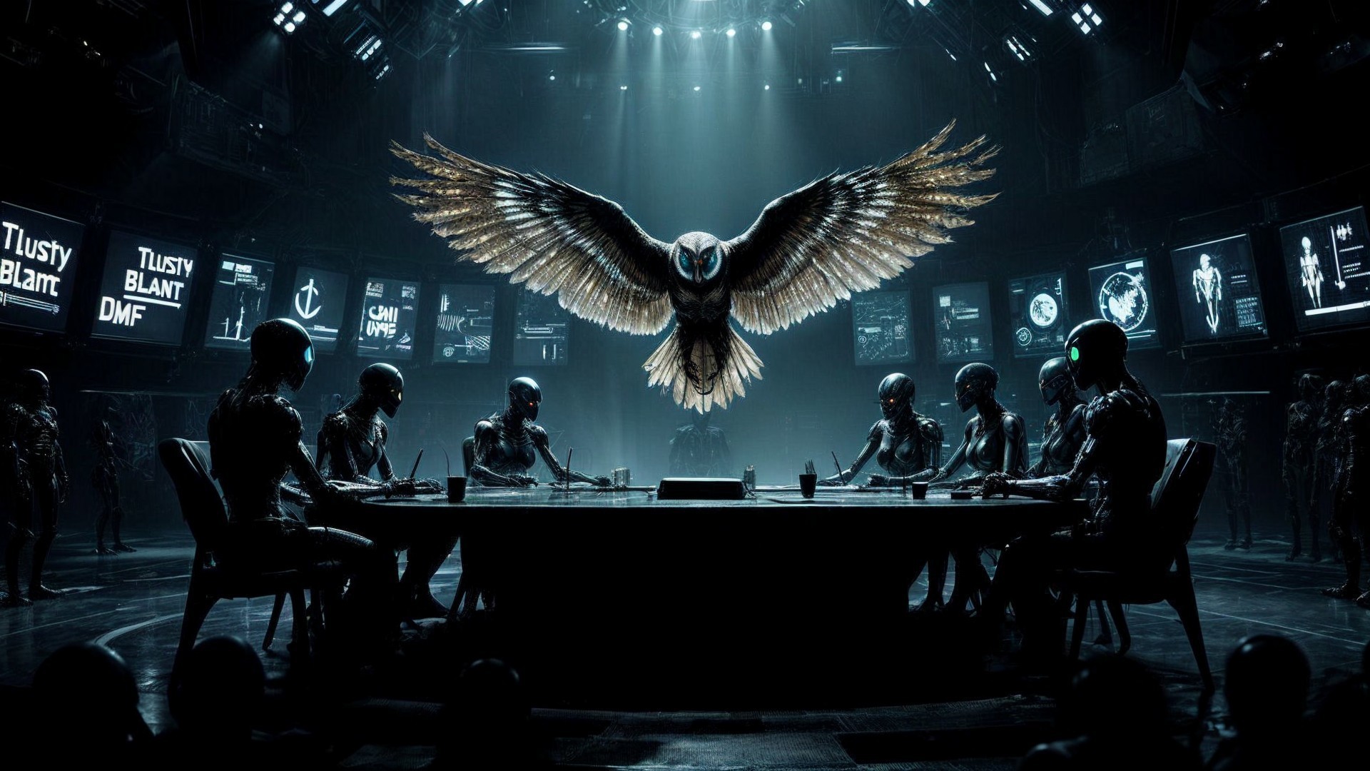 Humanoid Robots and Metallic Owl in Futuristic Chamber