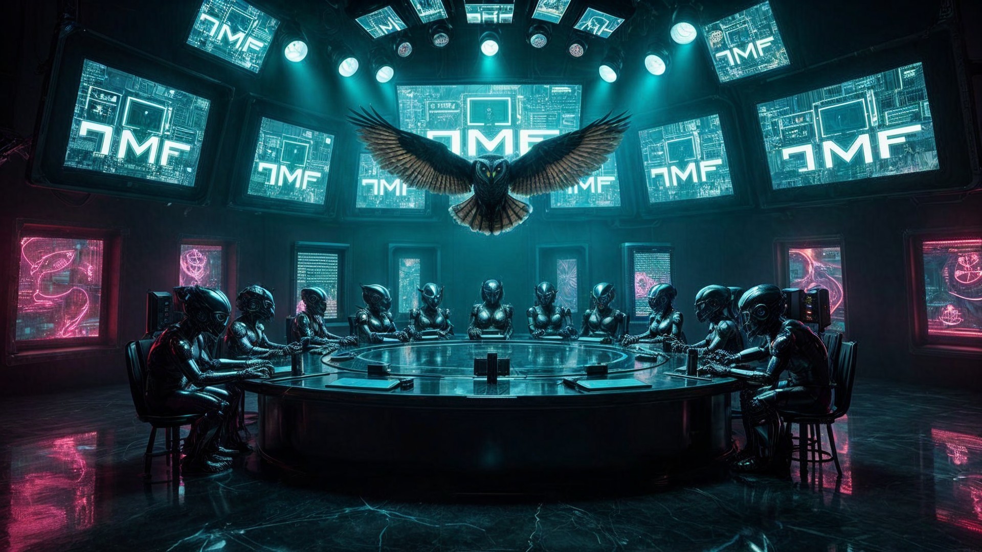 Futuristic Meeting Room with Humanoid Figures and Screens