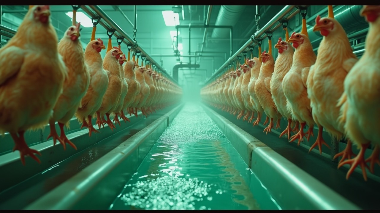 Chickens on Production Line in Industrial Setting