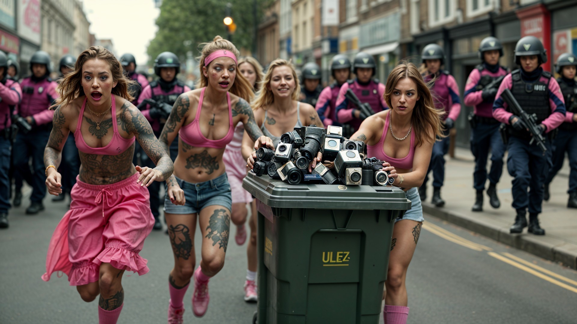 Women in Pink Tops Pulling Trash Bin on City Street