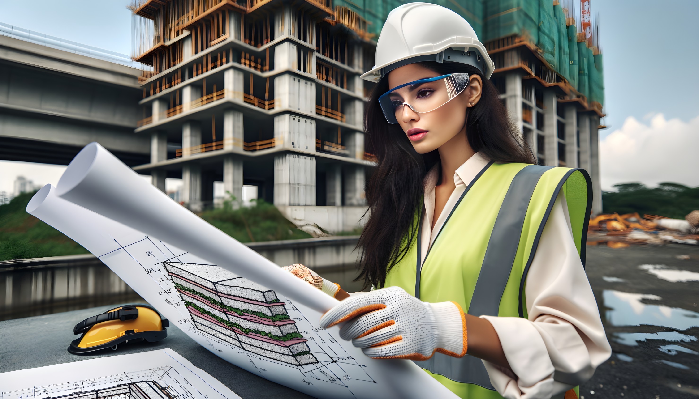 Female Construction Worker Reviewing Plans at Site