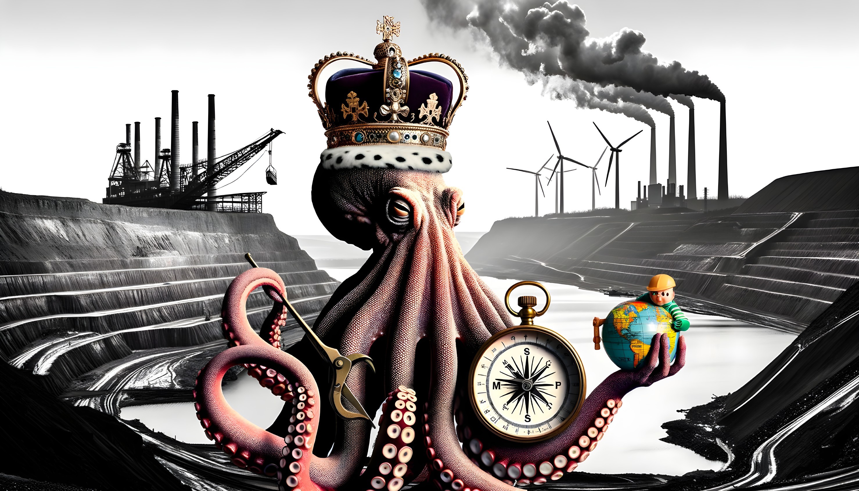 Octopus with Crown and Compass in Industrial Setting
