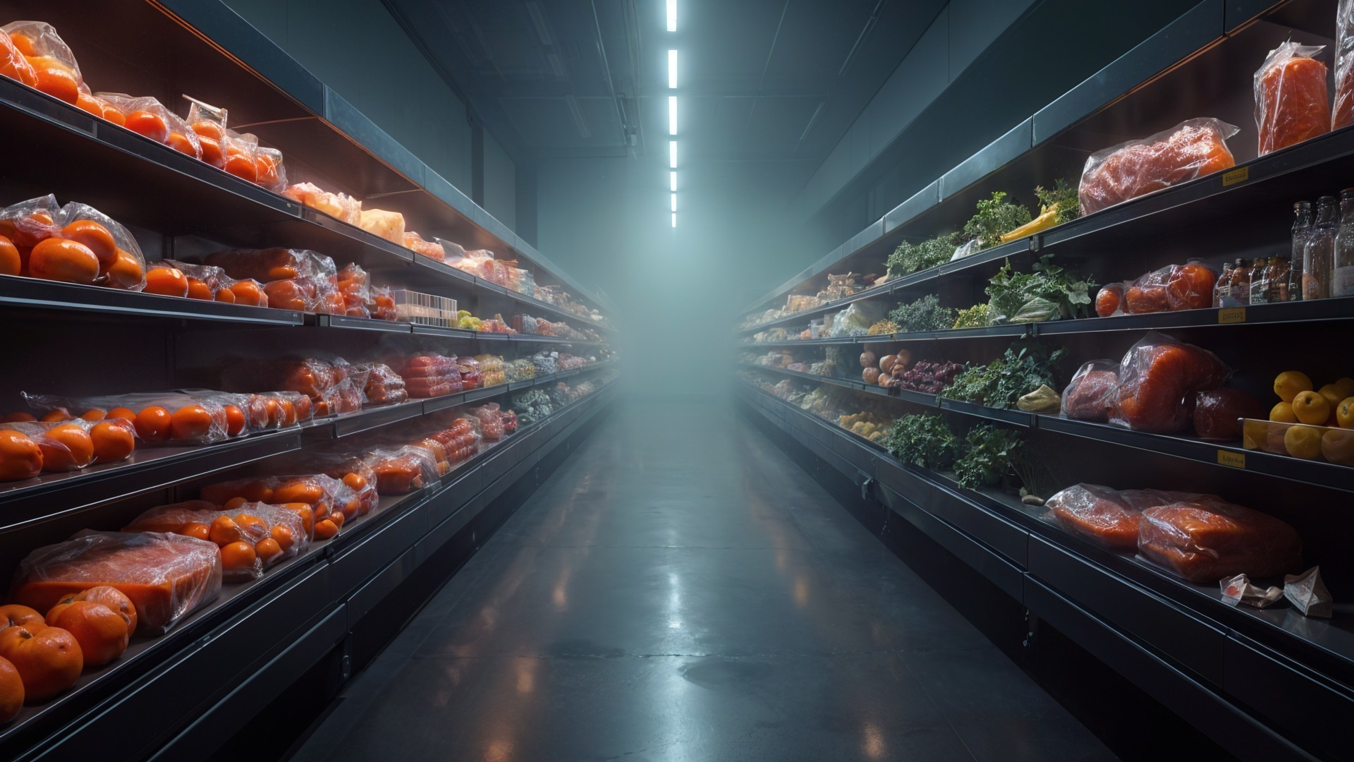Foggy Grocery Store Aisle with Fresh Produce and Goods