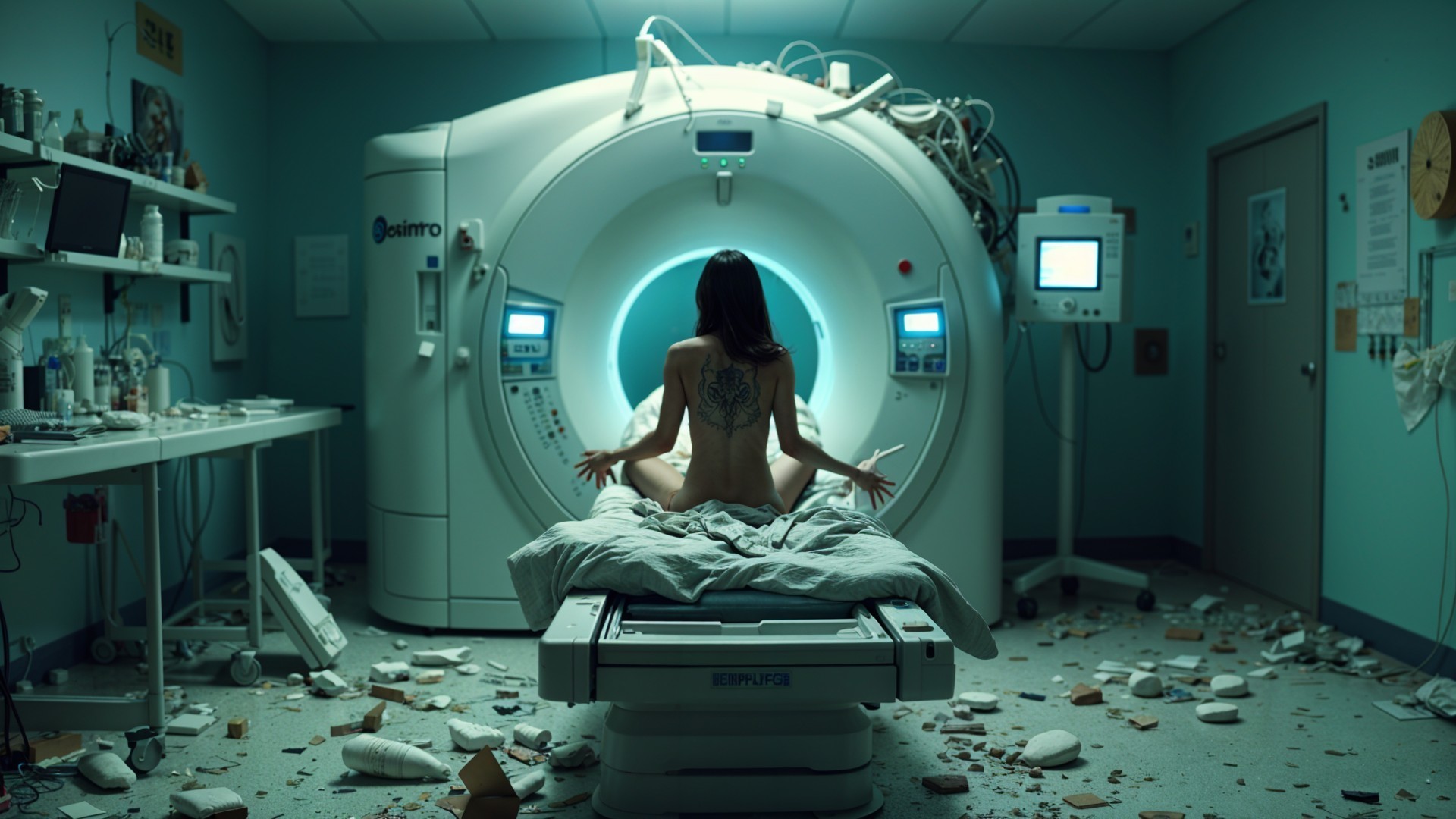 Figure in Hospital Bed Facing MRI Machine in Chaos