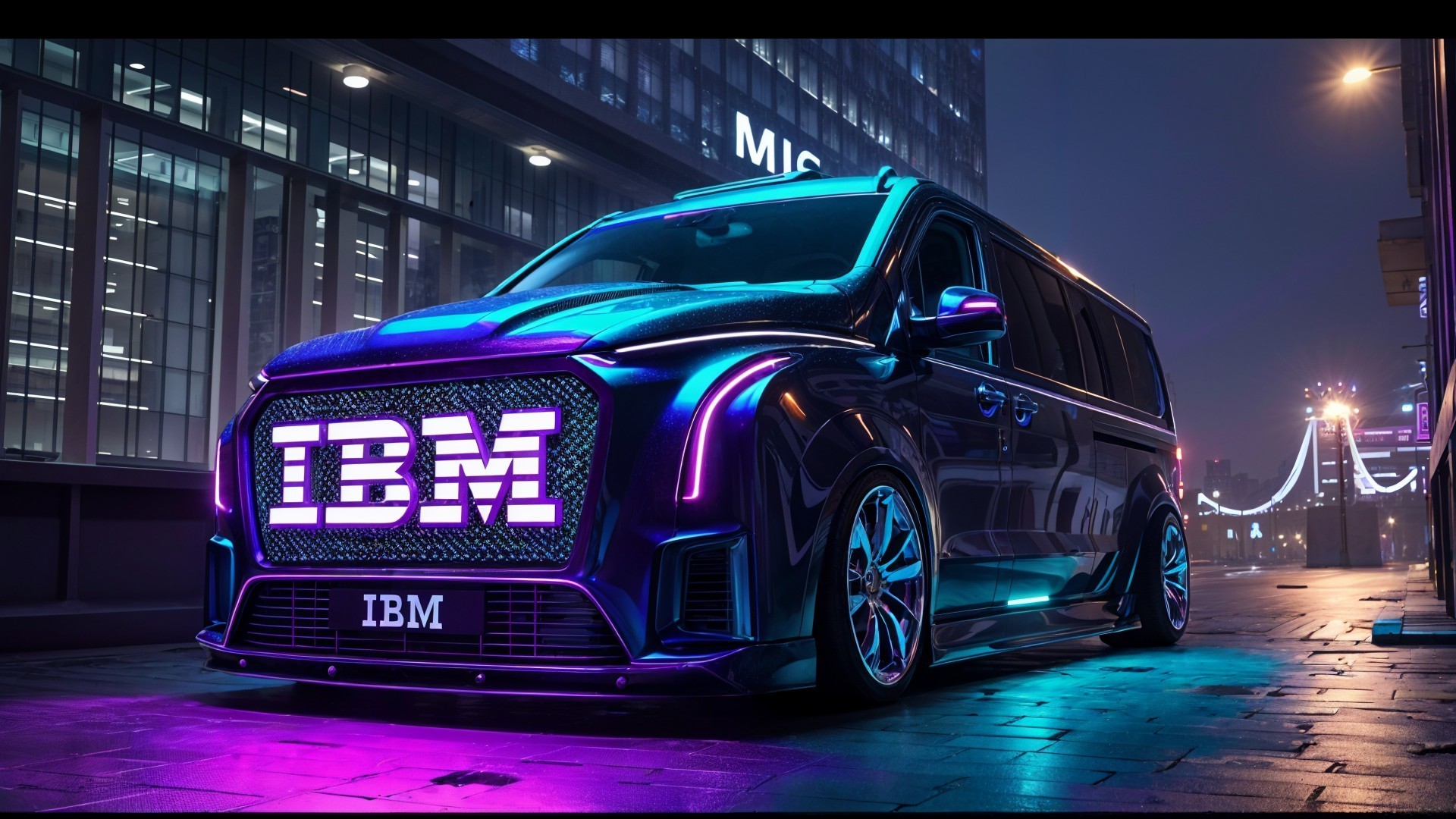 Modified Van with IBM Logo in Urban Night Setting