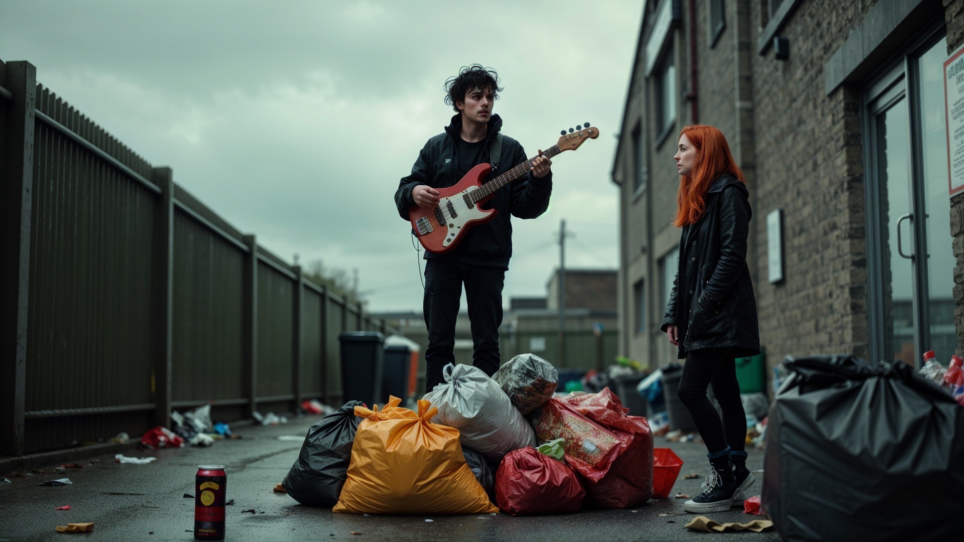 Urban Alley Scene with Guitarist and Listener