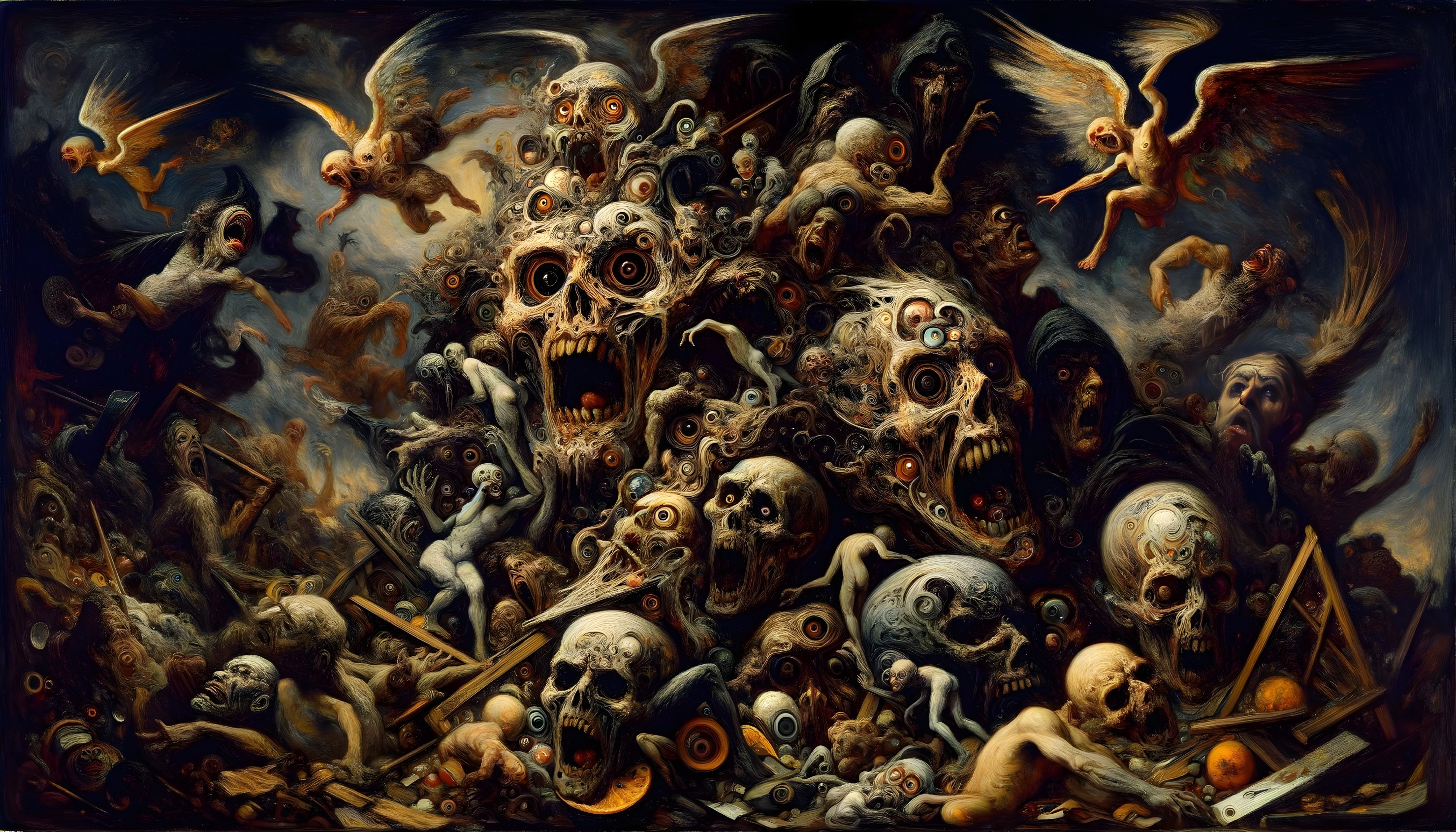 Surreal Composition of Contorted Faces and Skulls