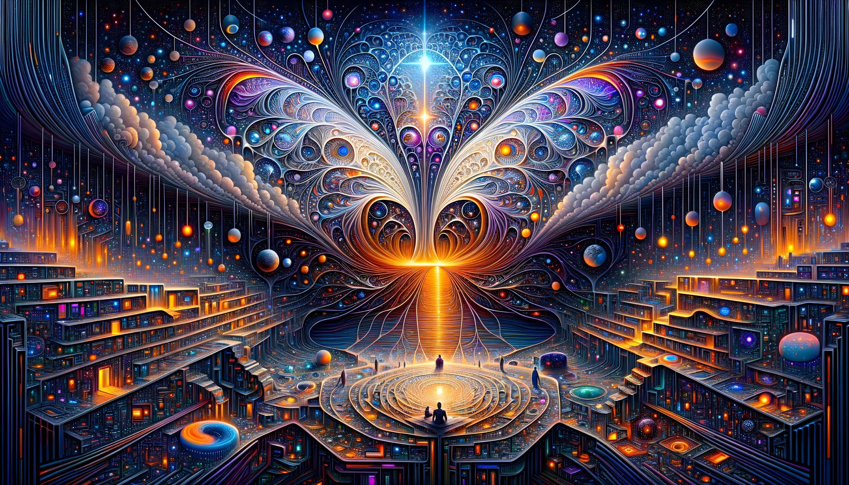 Vibrant Cosmic Scene with Butterfly Pattern and Figures