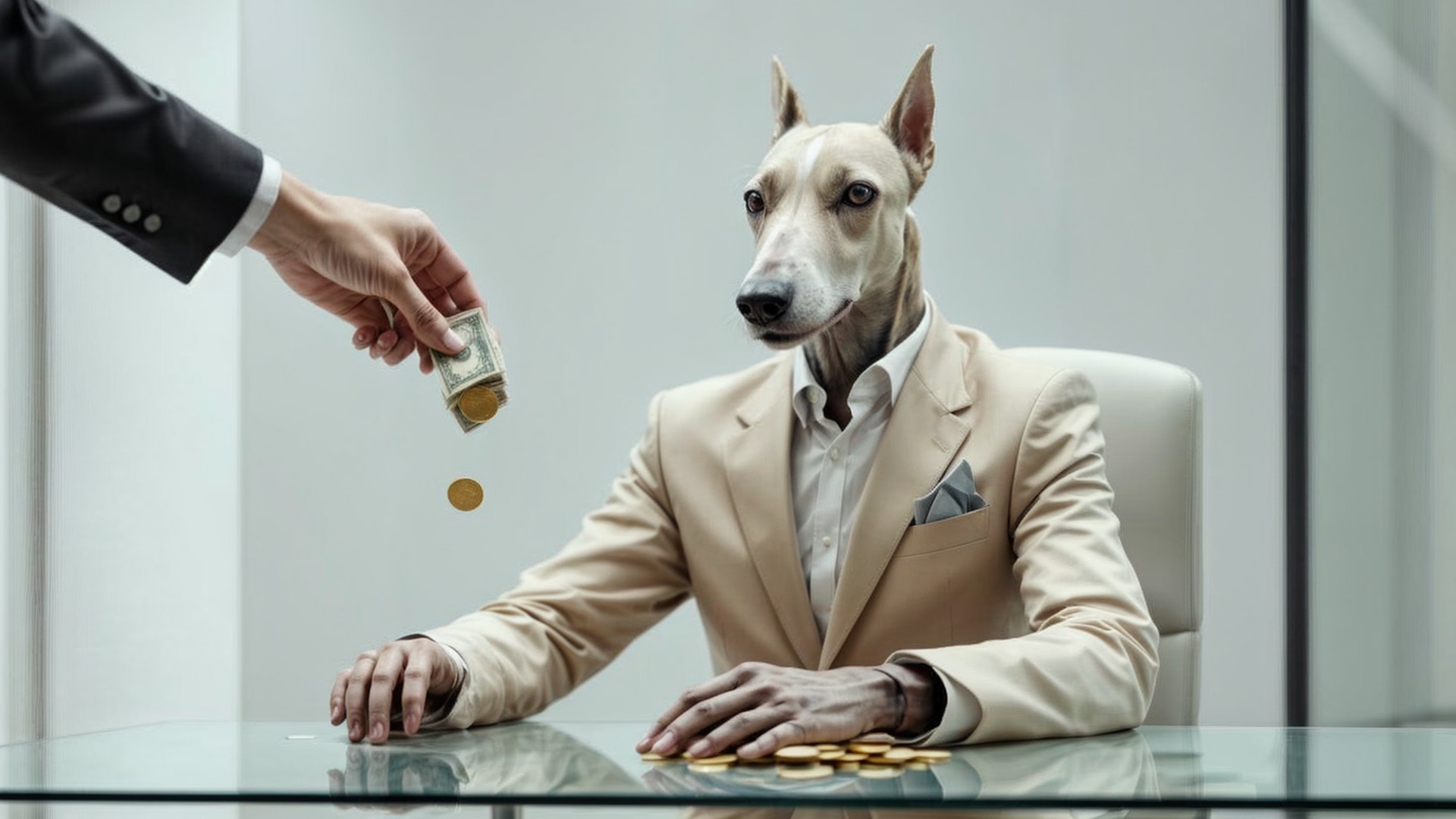 Dog in Suit at Glass Desk with Coins and Bill