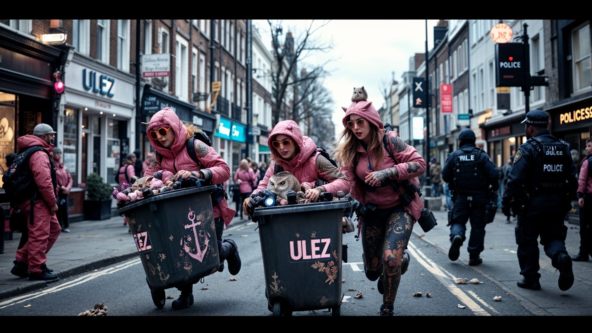 Urban Scene with Individuals in Pink Hoodies and Bins