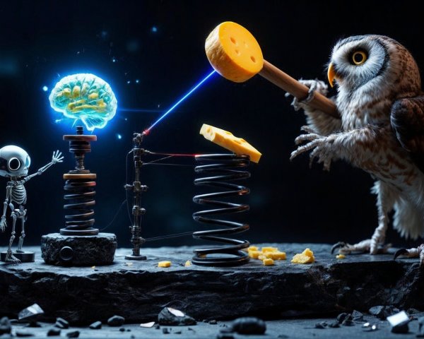 Owl and Skeleton in Surreal Science Humor Scene