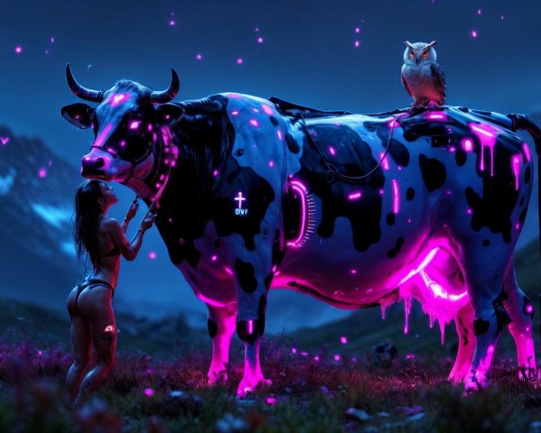 Surreal Landscape with Futuristic Cow and Owl