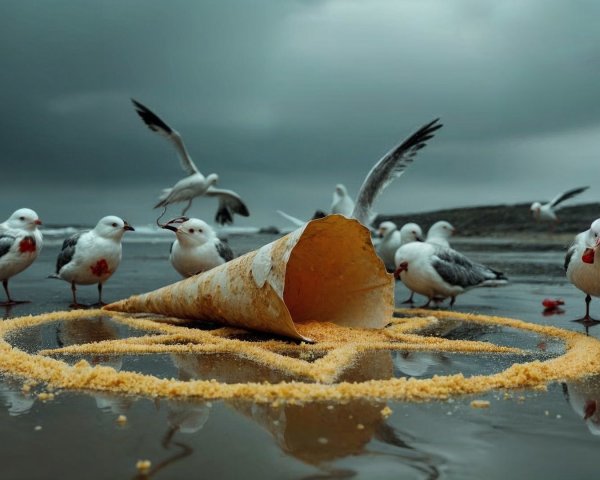 Seagulls on a Dark Sandy Beach with Overcast Sky