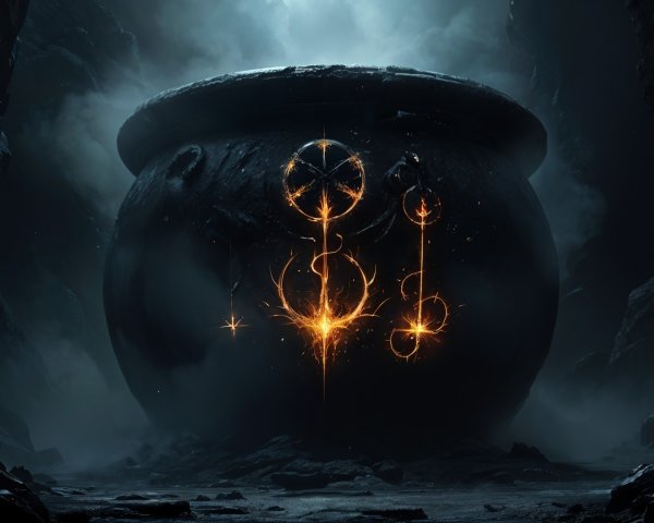 Mystical Black Cauldron in Shadowy Cavern Setting