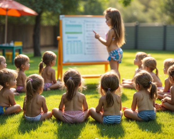 Outdoor Classroom with Children in Colorful Swim Shorts