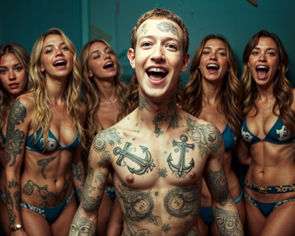 Young Women in Blue Bikinis with Tattooed Man